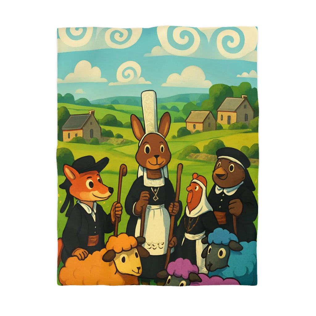 Housse de couette colorée avec animaux de ferme habillés dans un paysage champêtre
