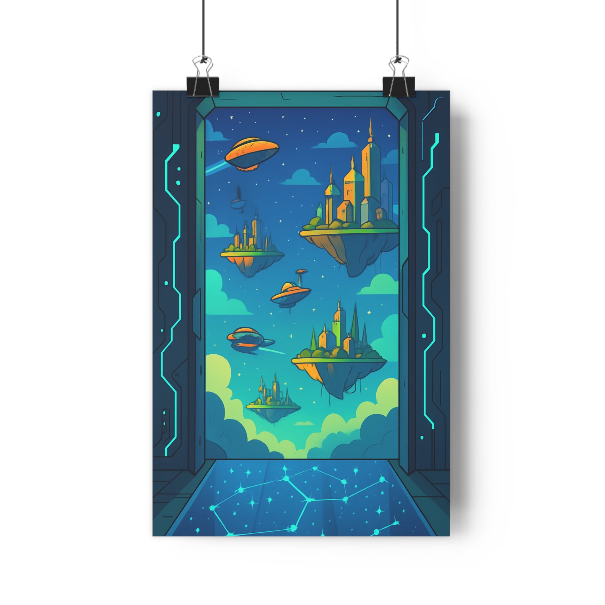 Poster décoratif sciencefiction îles flottantes vaisseaux spatiaux ciel étoilé futuriste dessin animé fantaisie couleurs