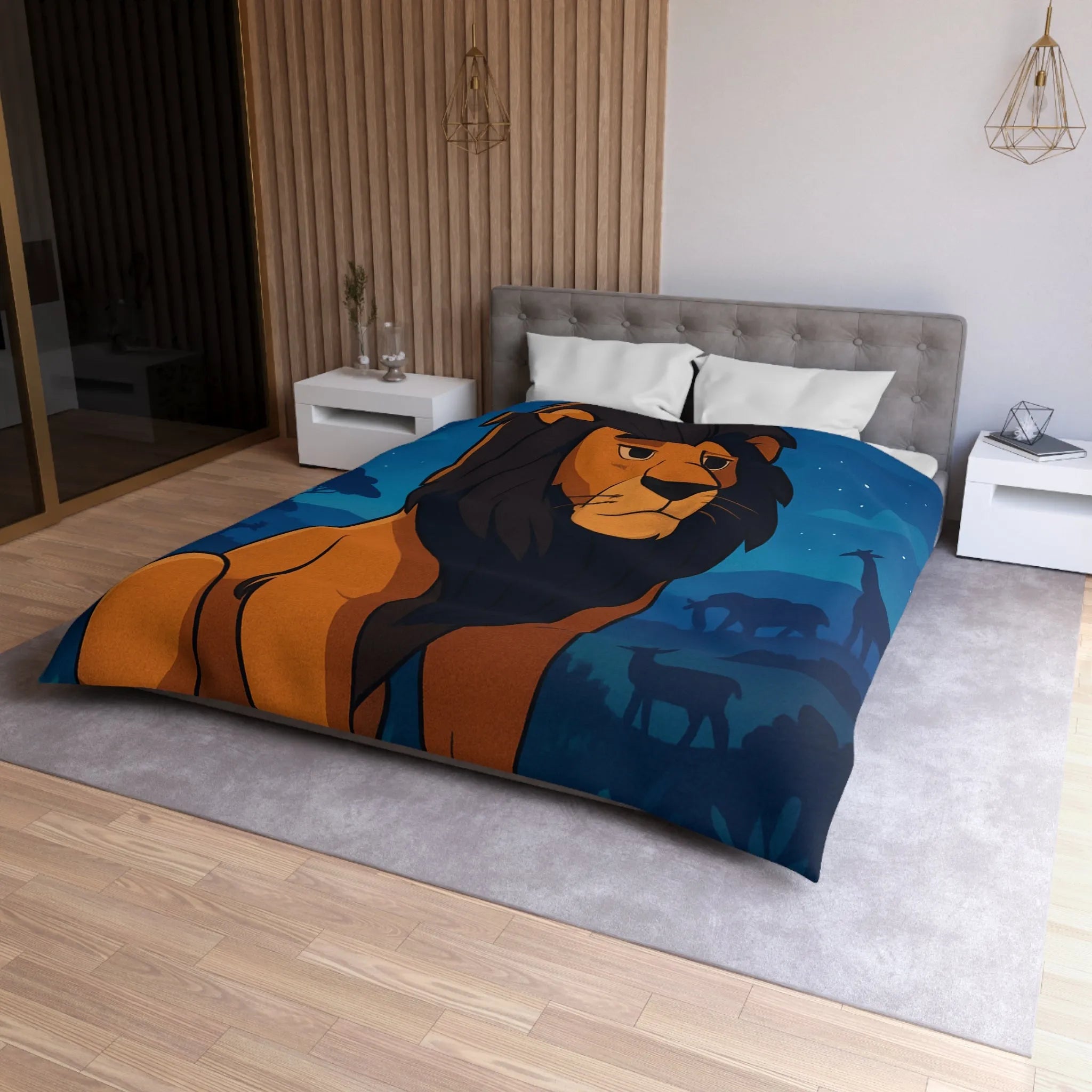 Housse de couette lion majestueux sous lune brillante pour chambre enfant rêveuse et aventurière