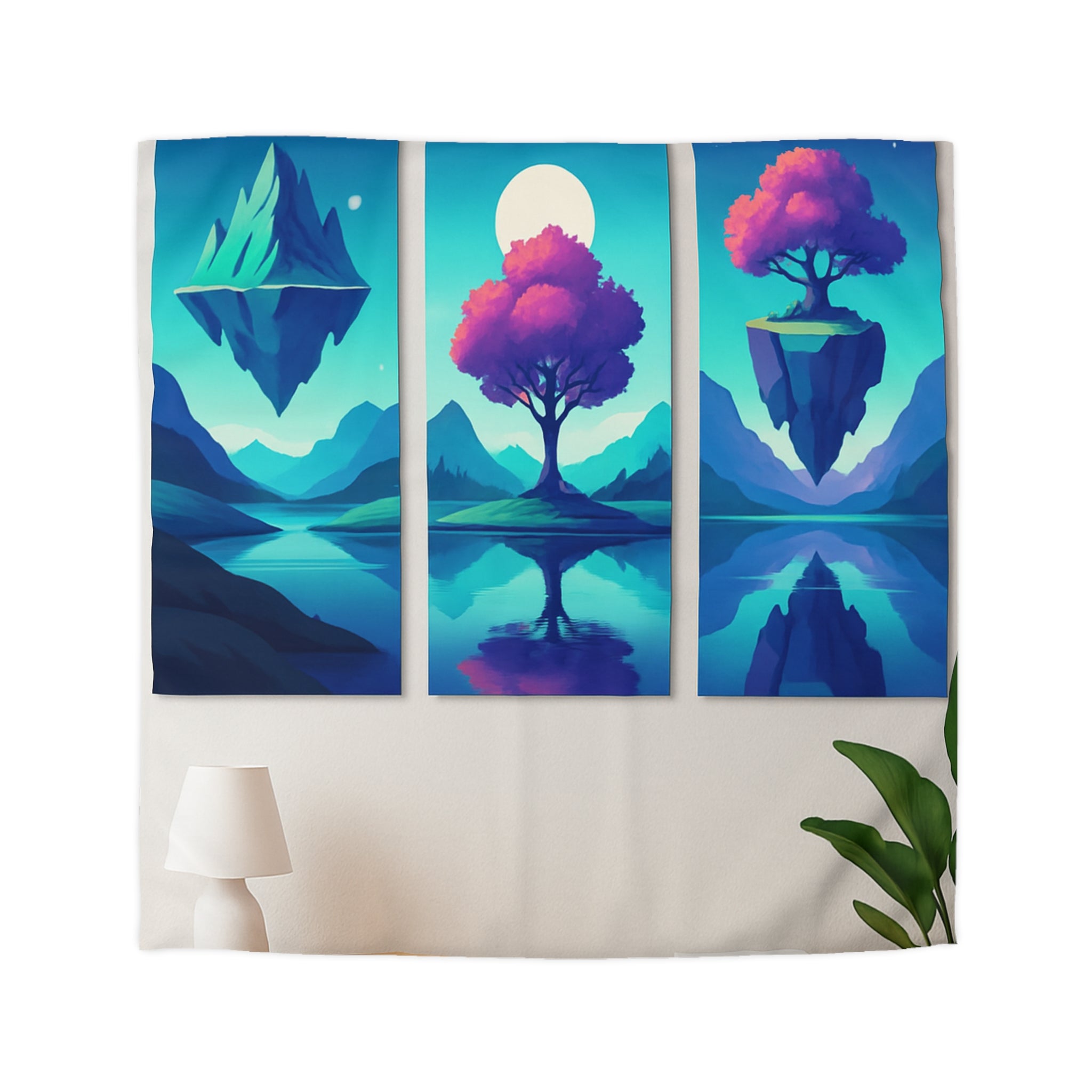 Housse de couette paysage flottant magique avec montagnes surréalistes et arbres colorés