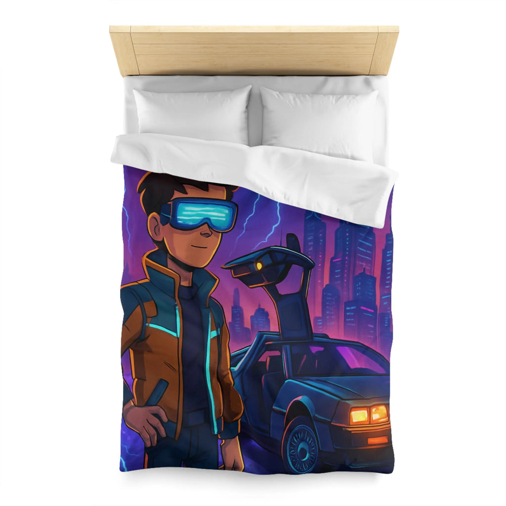 Housse de Couette Futuriste Style Rétro avec Éclair, Voiture et Jeune Garçon Aventureux