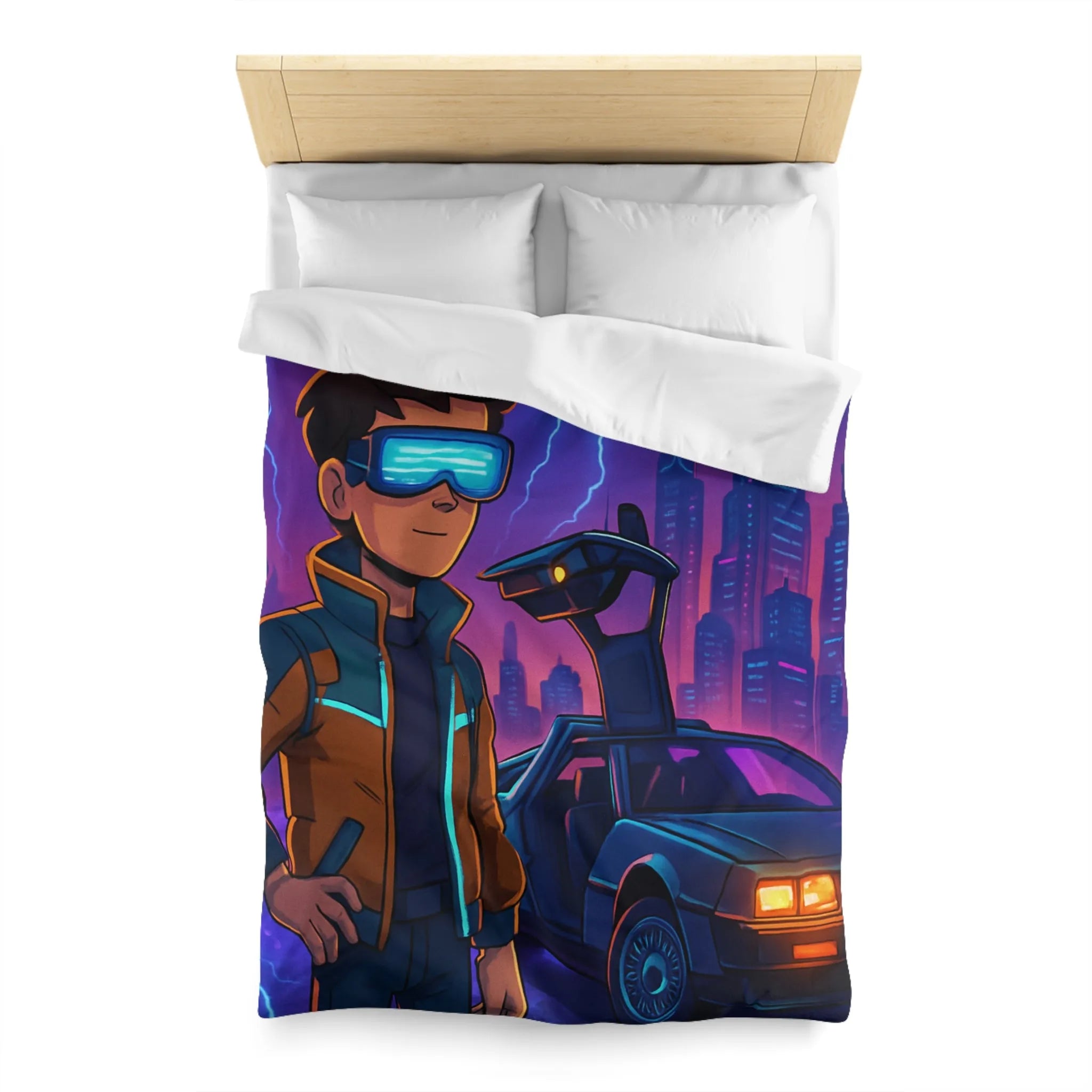 Housse de Couette Futuriste Style Rétro avec Éclair, Voiture et Jeune Garçon Aventureux