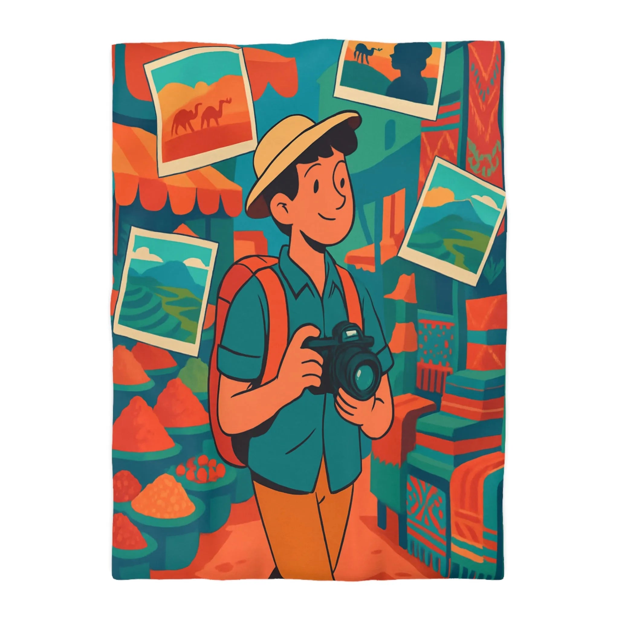 Housse de Couette Colorée avec Voyageur Photographiant un Marché Animé et Vibrant