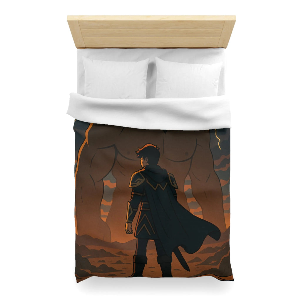 Housse de couette épique avec guerrier et géant sous orage électrique dramatique