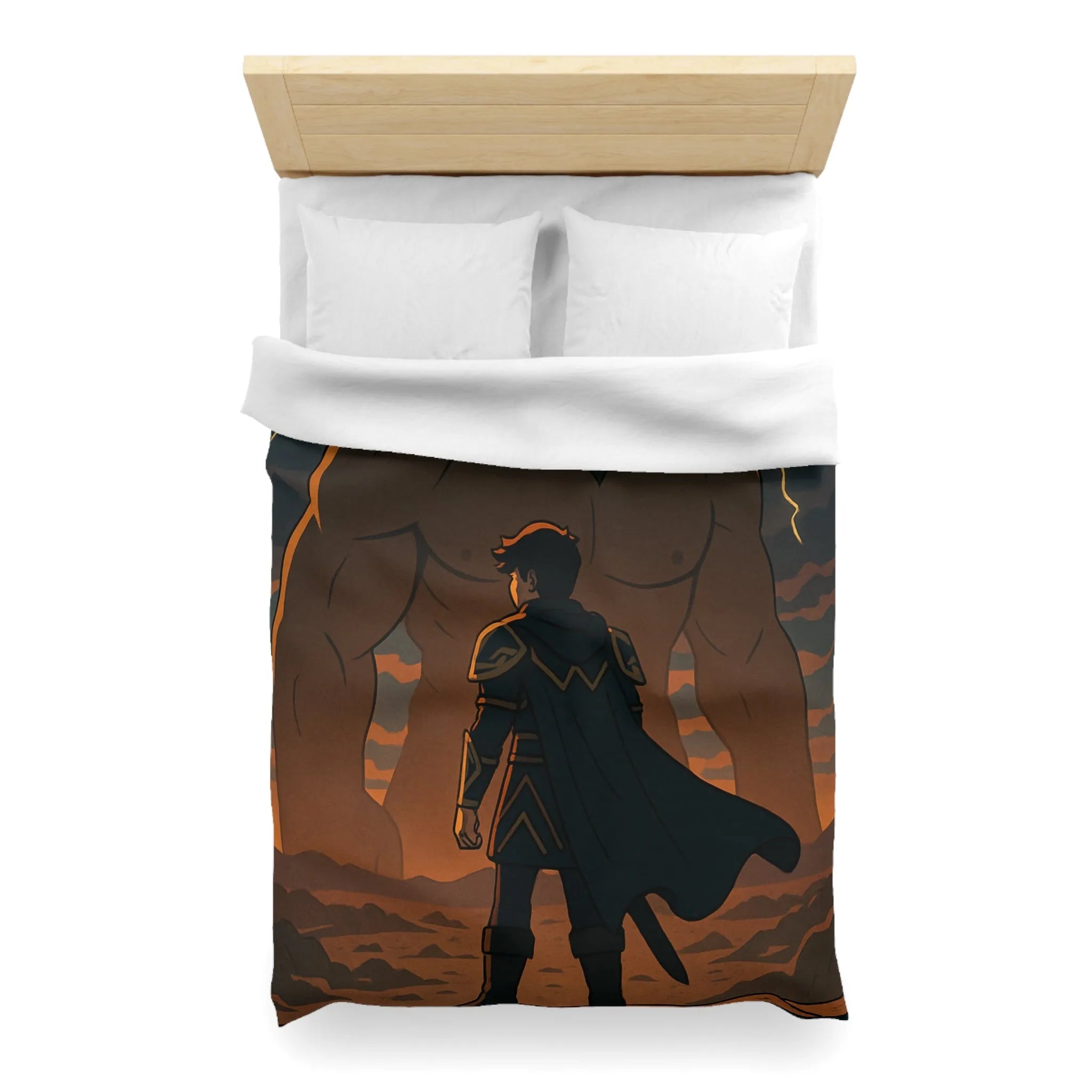 Housse de couette épique avec guerrier et géant sous orage électrique dramatique