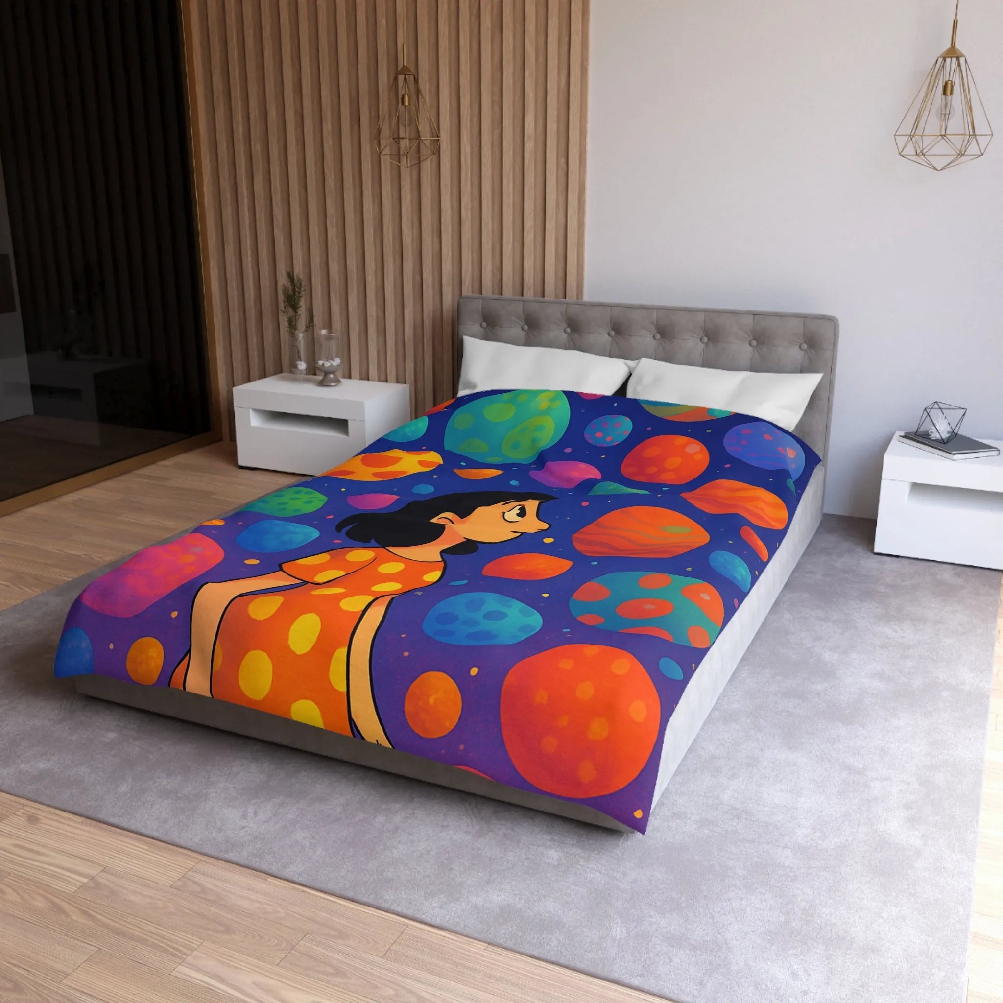 Housse de couette colorée avec motif de planètes et enfant rêveur dans l'espace