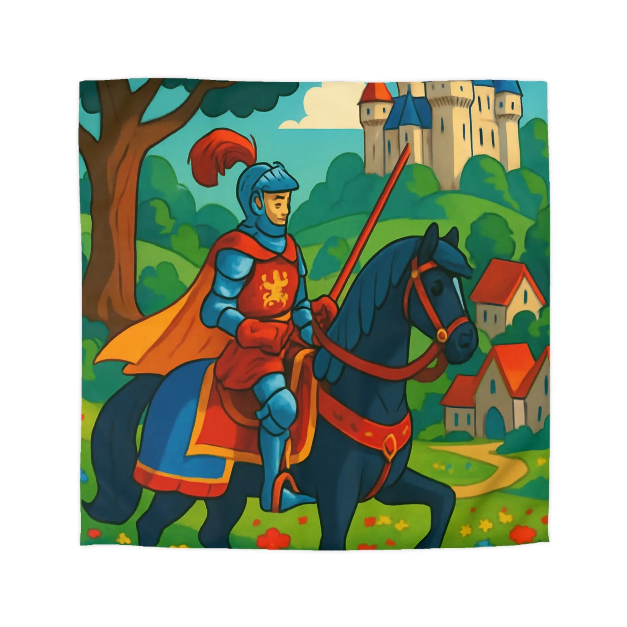 Housse de couette chevalier médiéval illustrée avec château et paysage floral vibrant