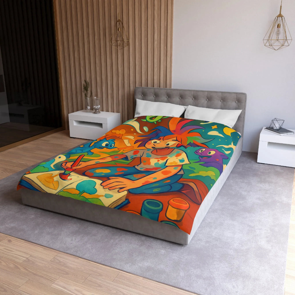 Housse de couette colorée illustrée avec enfant créatif et créatures fantastiques joyeuses