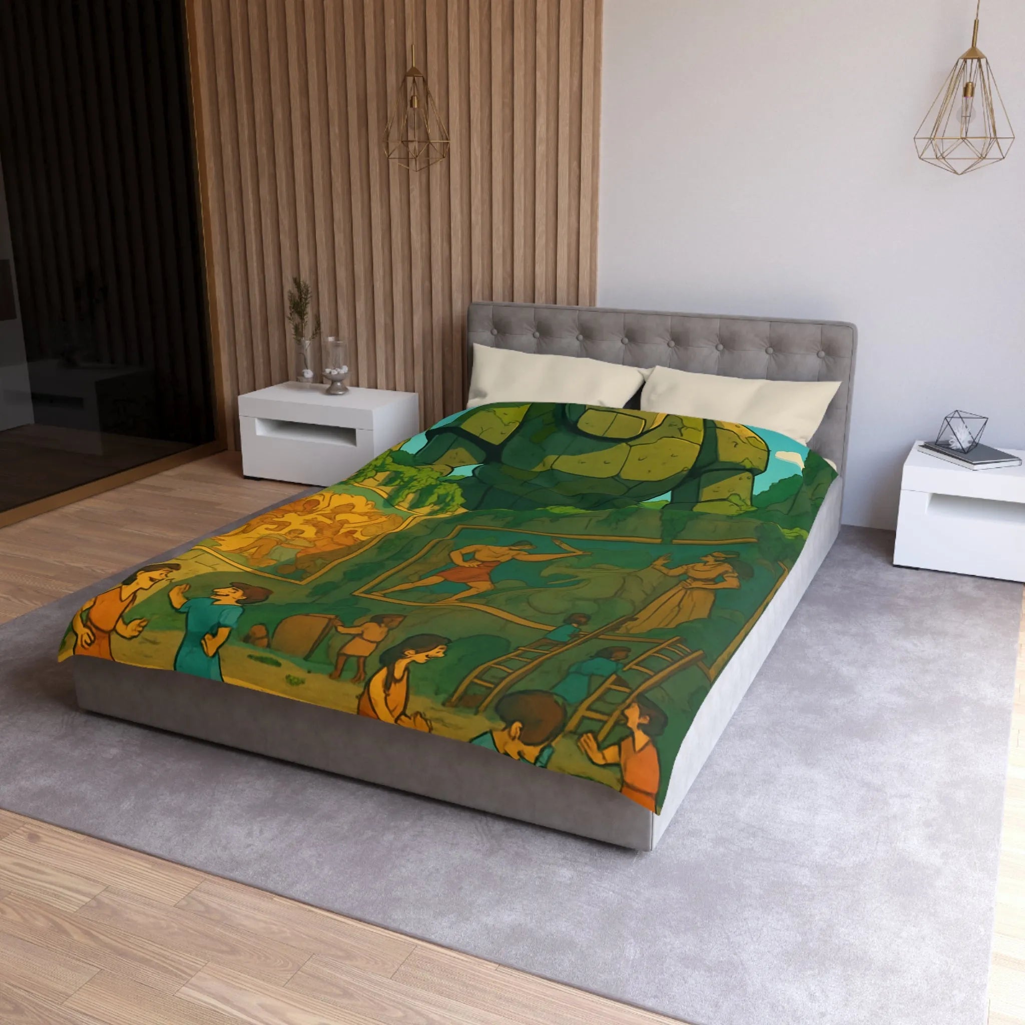 Enchantante parure de lit jardin fantastique avec golem géant et enfants joueurs colorés