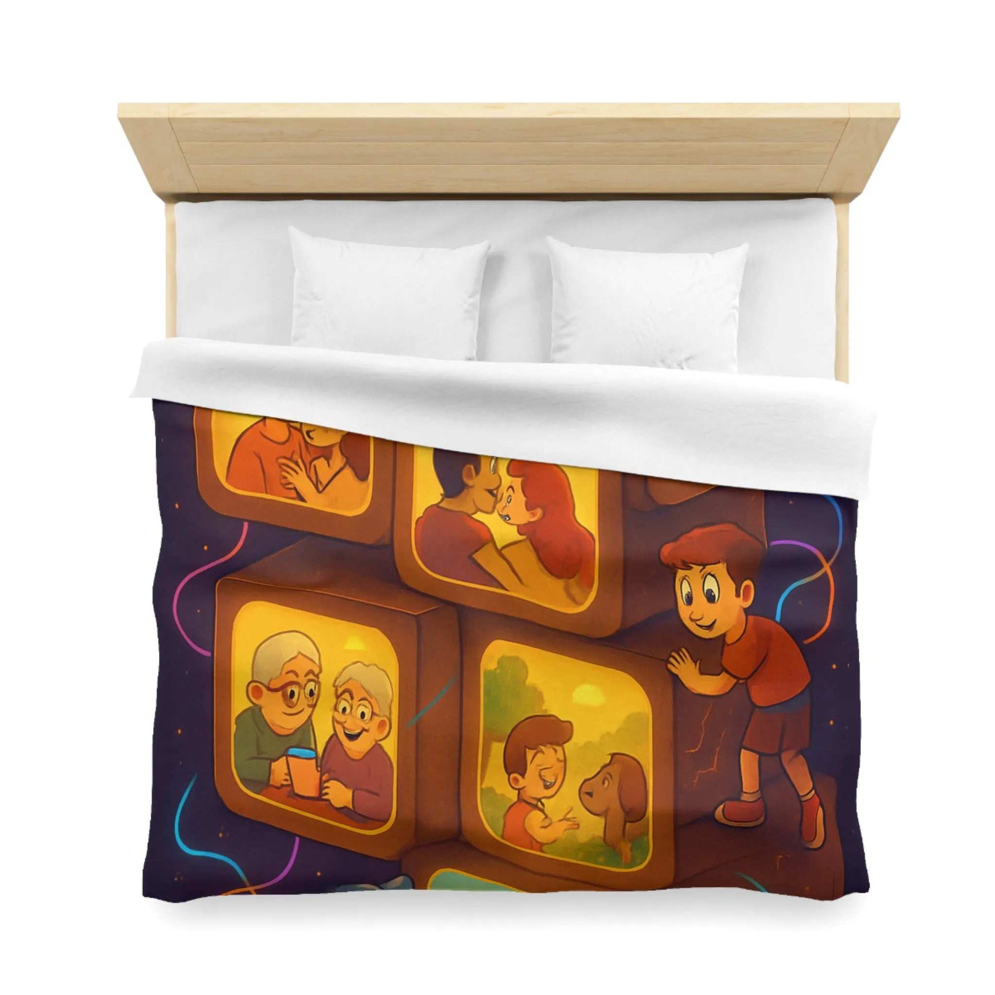 Housse de Couette Illustrée avec Scènes de Famille et Couleurs Chaudes, Ambiance Rétro