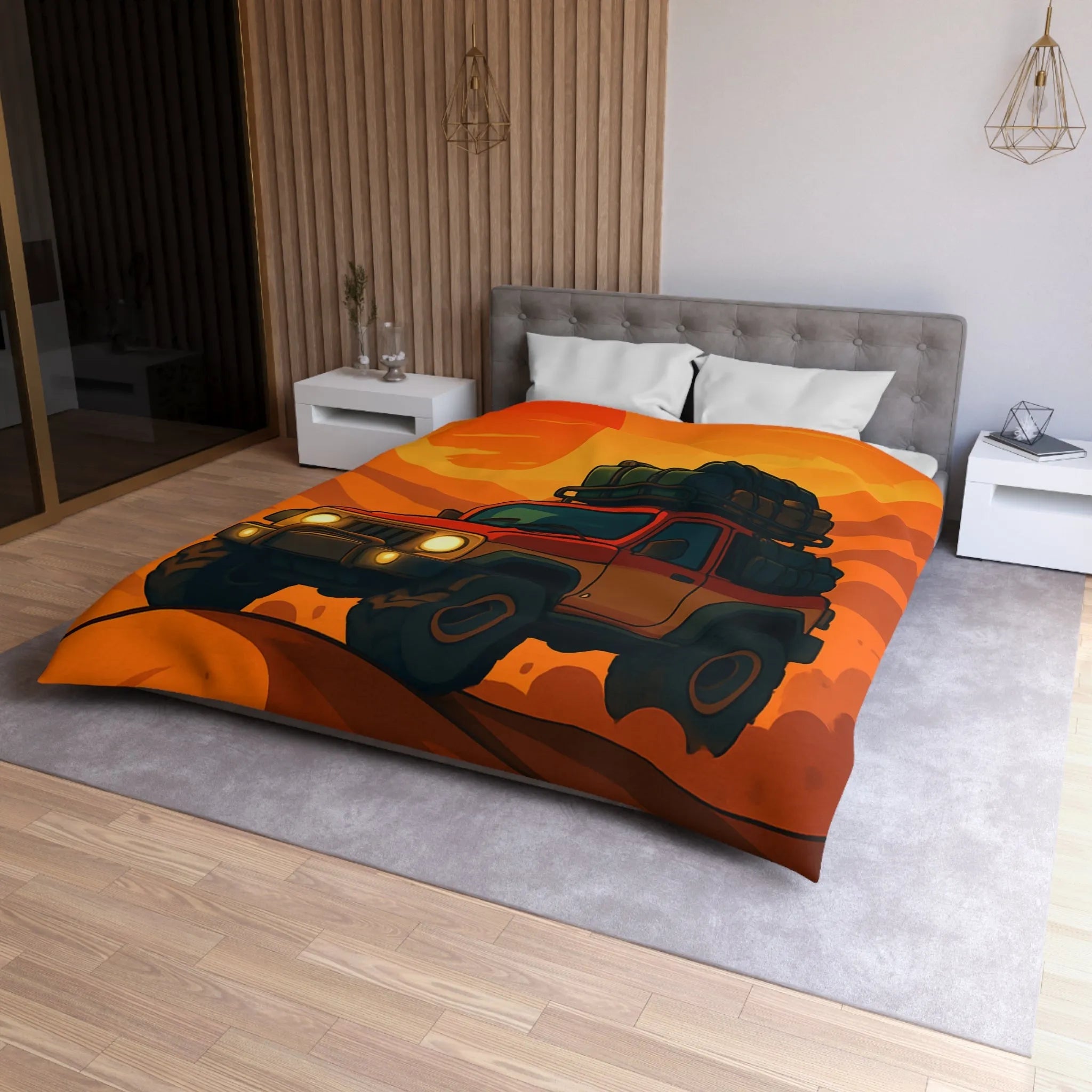 Housse de couette aventure désert rouge avec 4x4 et coucher de soleil éclatant