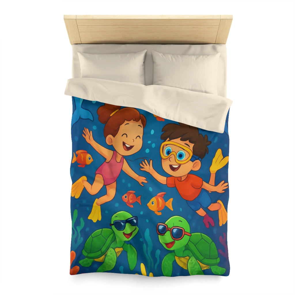 Housse de couette avec enfants nageant joyeusement dans océan vibrant avec animaux marins
