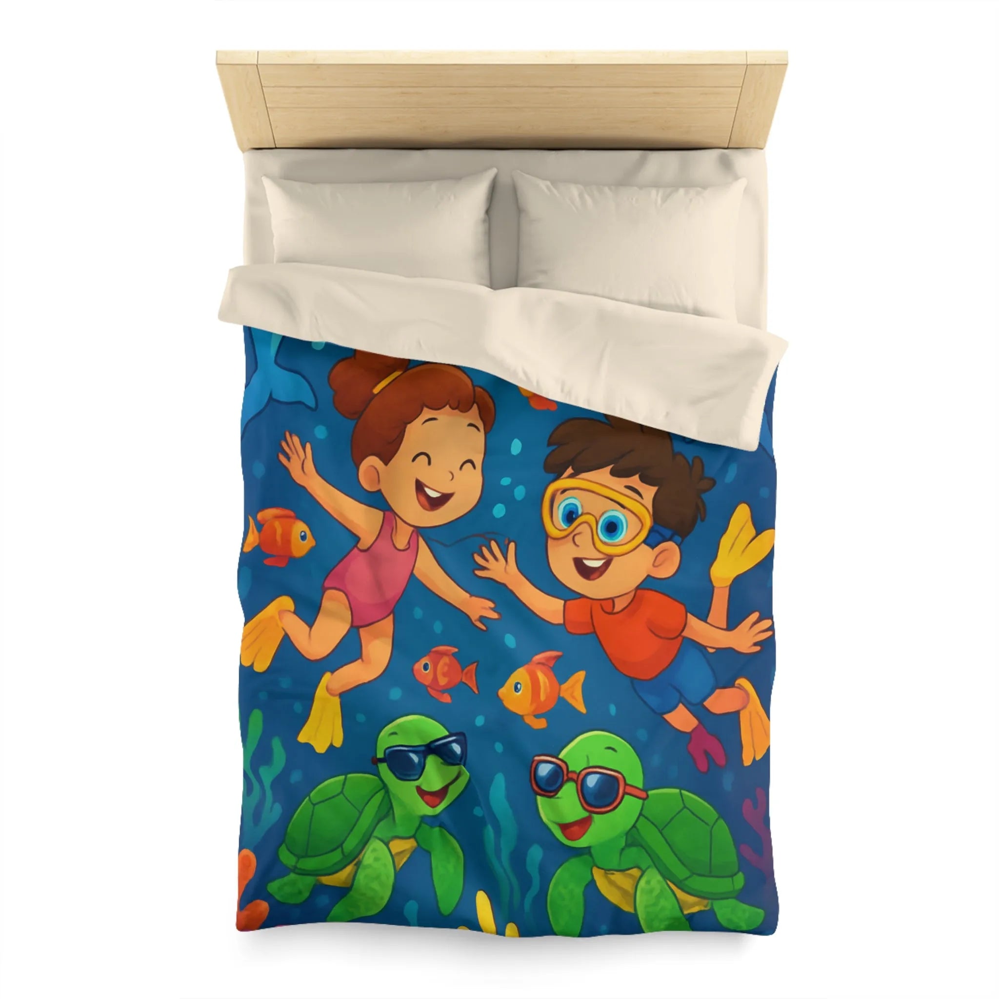 Housse de couette avec enfants nageant joyeusement dans océan vibrant avec animaux marins