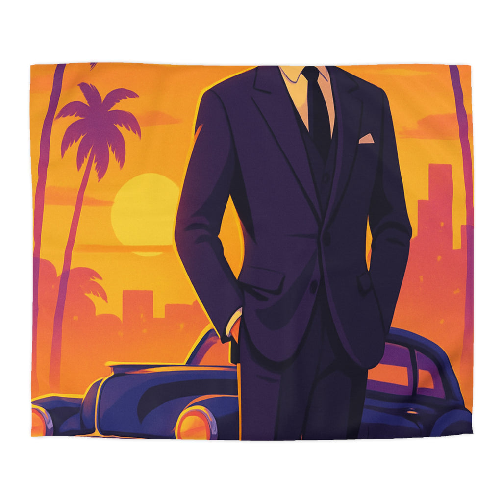 Housse de couette vintage avec homme élégant devant voiture classique au coucher du soleil