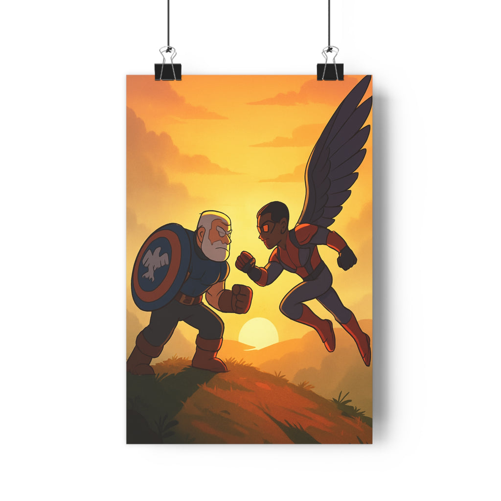 Poster décoratif animé pastel intense dynamique salon chambre art mural tension cinématique héros confrontation