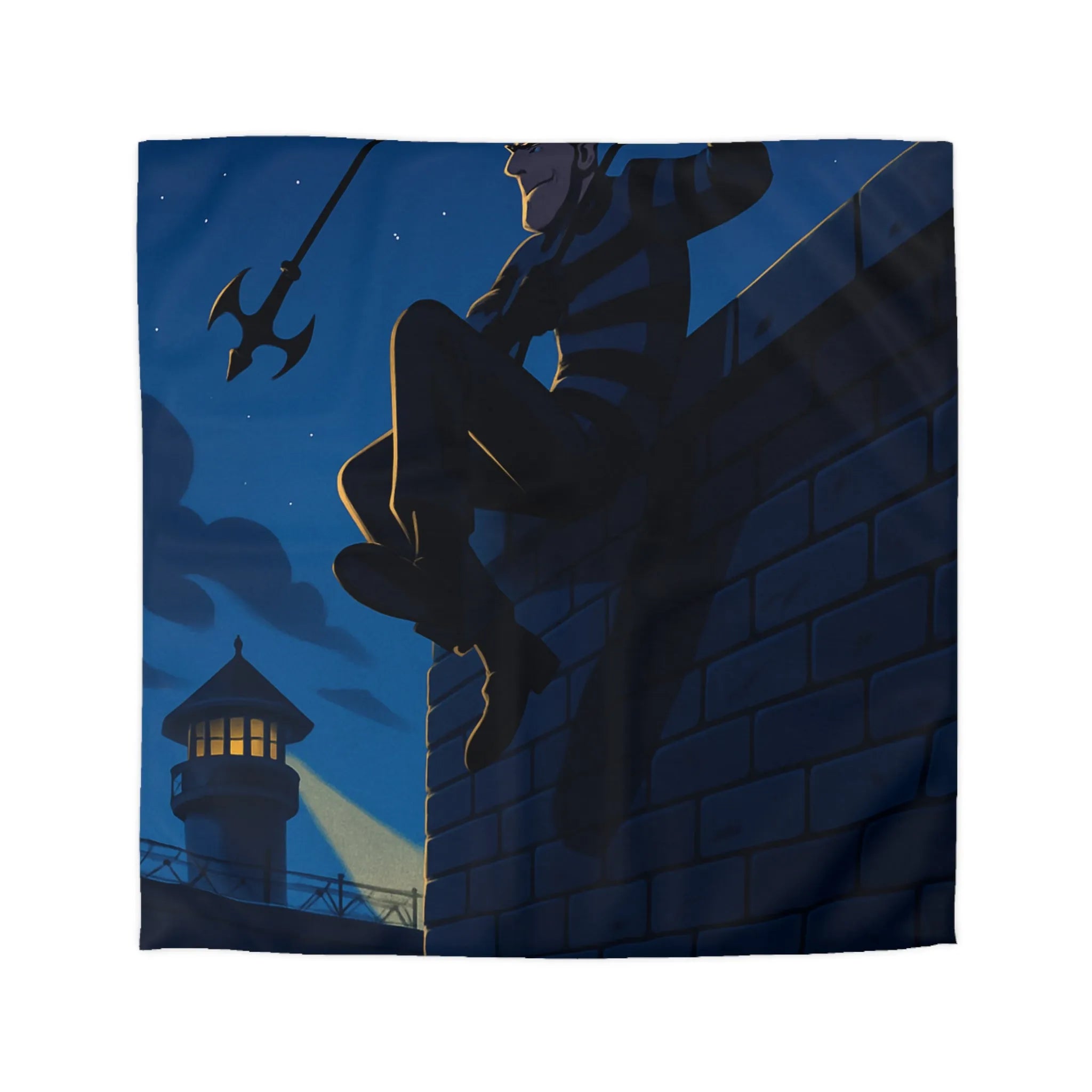 Housse de couette avec artiste en fuite sous ciel étoilé, ambiance nocturne captivante