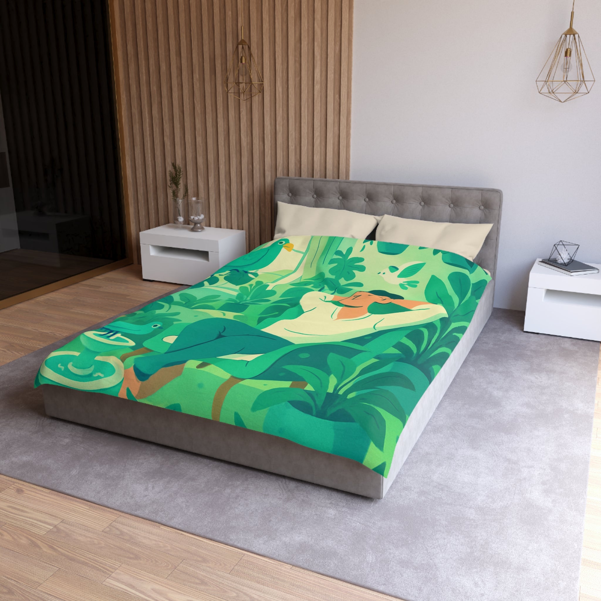 Housse de couette verte avec design botanique et ambiance relaxante pour intérieur naturel