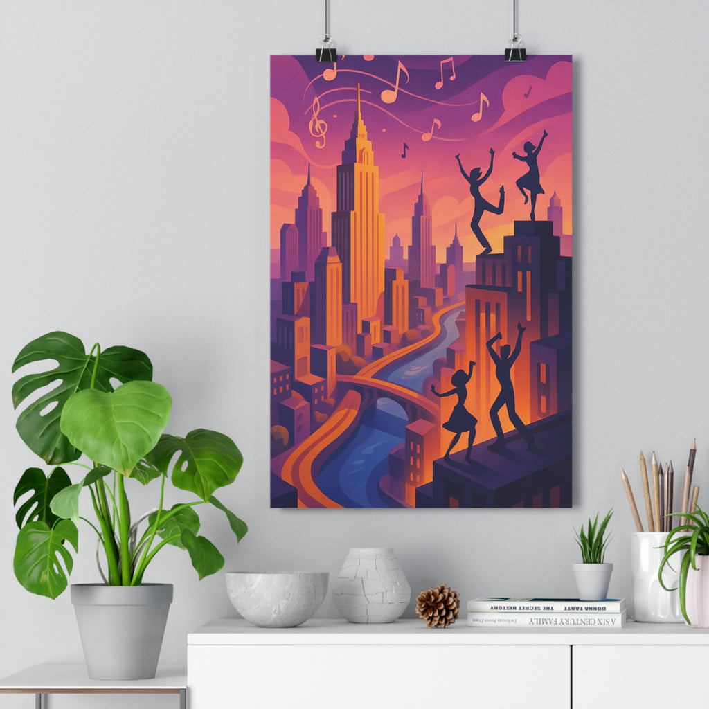 Poster décoratif urbanisme animé violet orange dessin cartoon dynamique chaleureux salon intérieur vibrant artistique