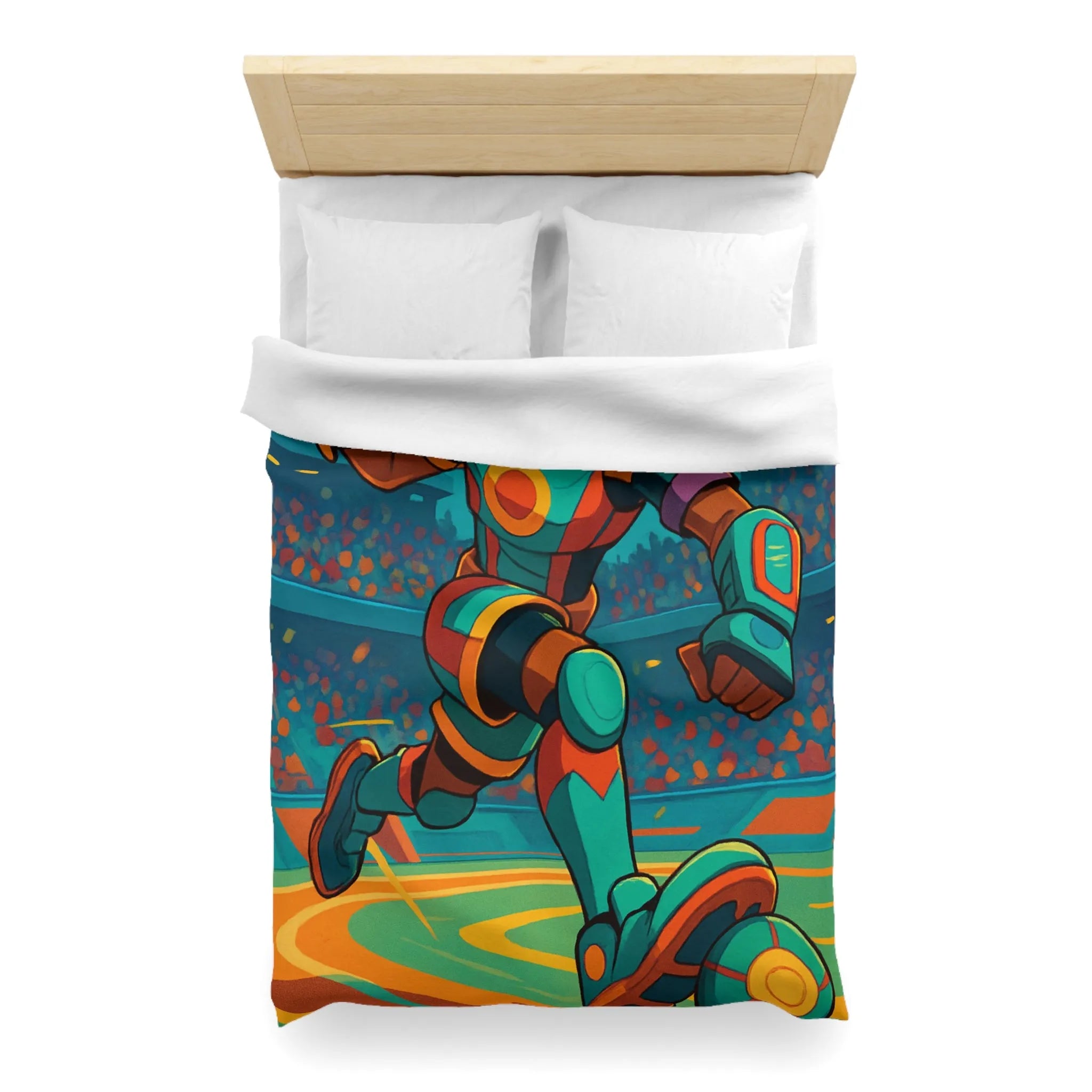 Housse de couette colorée avec joueur futuriste en action dans un stade dynamique