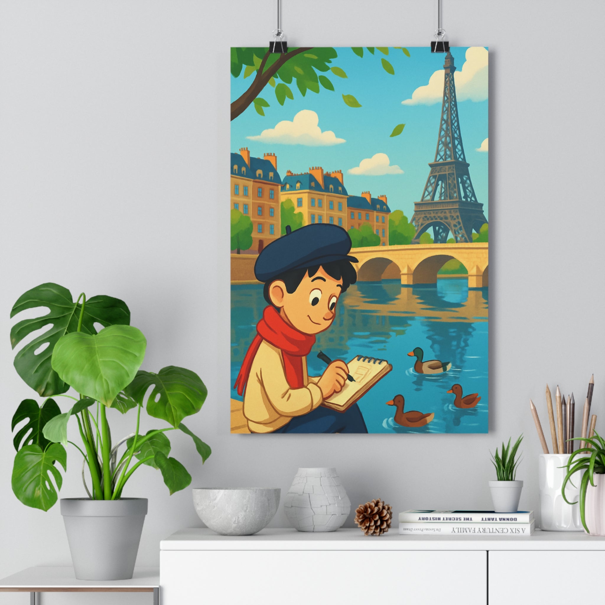 Poster décoratif pastel illustration Paris cartoon tour Eiffel salon enfant ambiance sereine charmante qualité