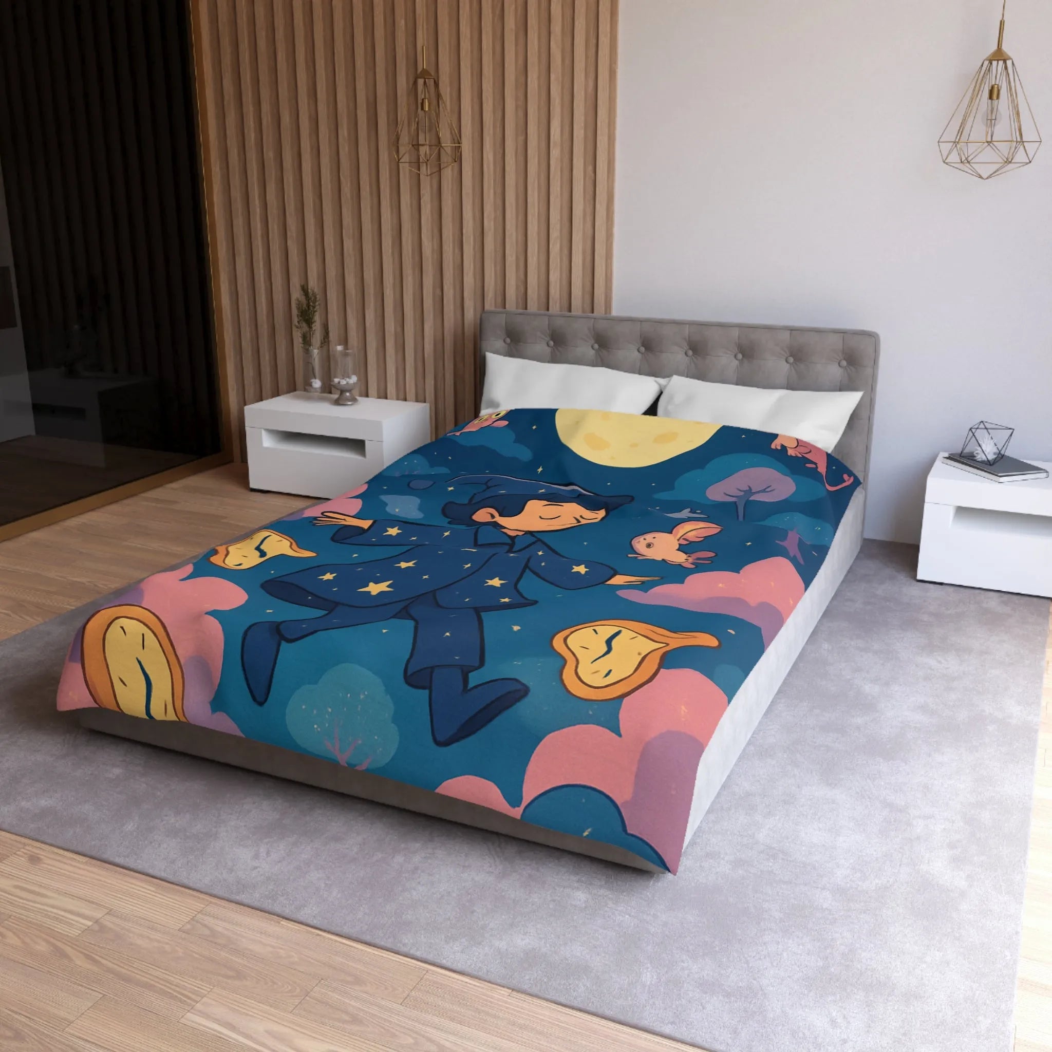 Housse de couette magique avec sorcier enfant rêvant de créatures volantes lunaires