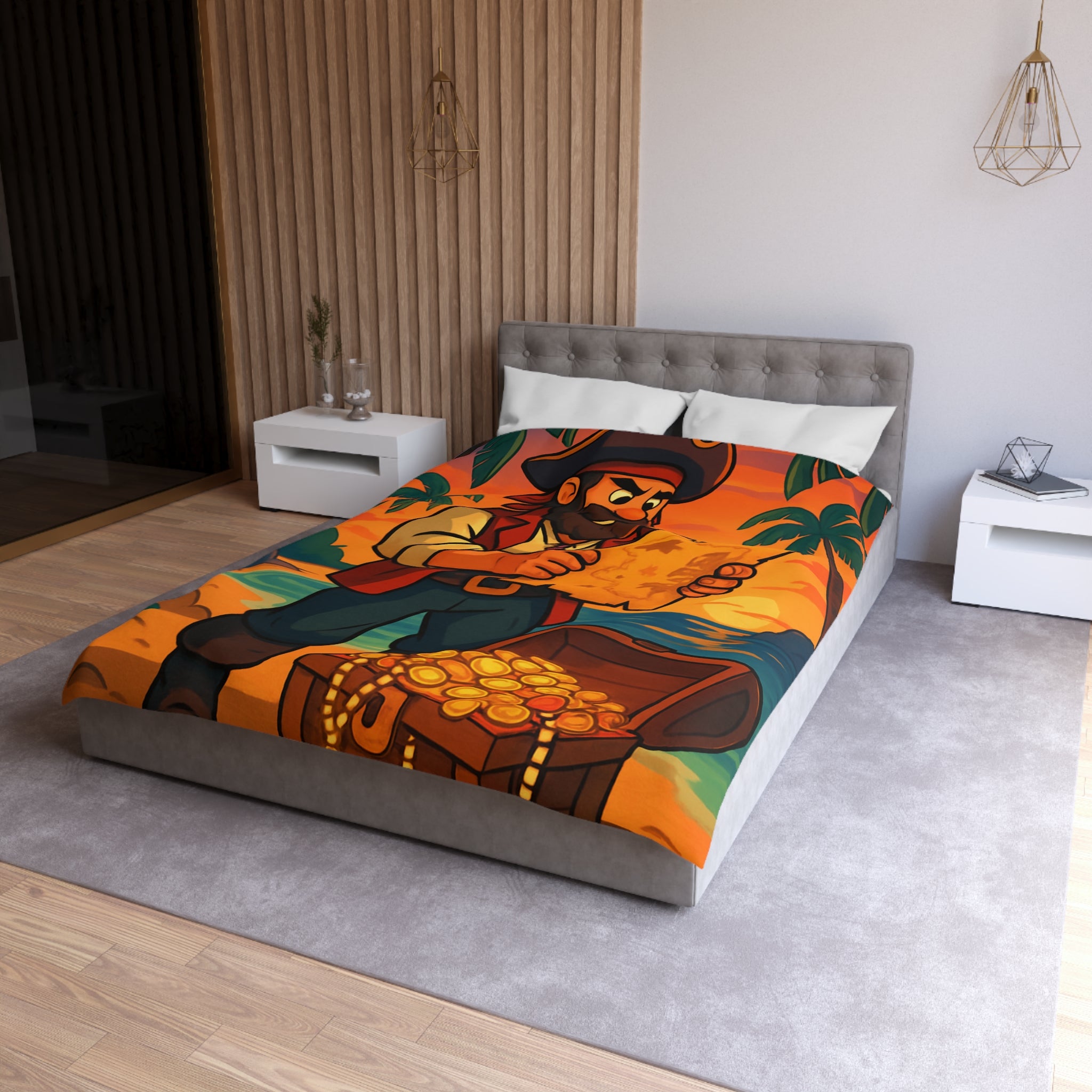 Housse de couette pirate avec coffre au trésor, carte ancienne et palmiers tropicaux