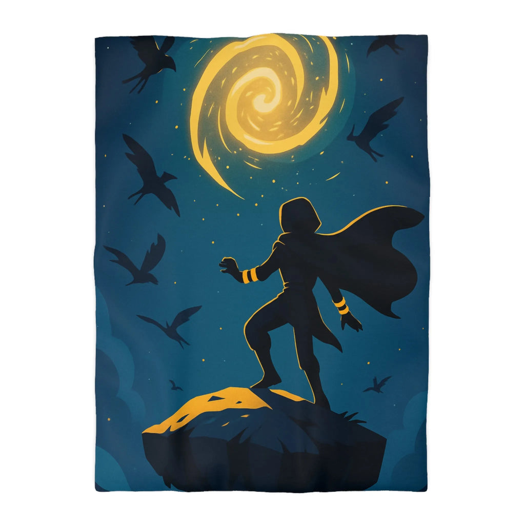 Housse de couette aventure magique, silhouette et spirale dorée dans ciel étoilé