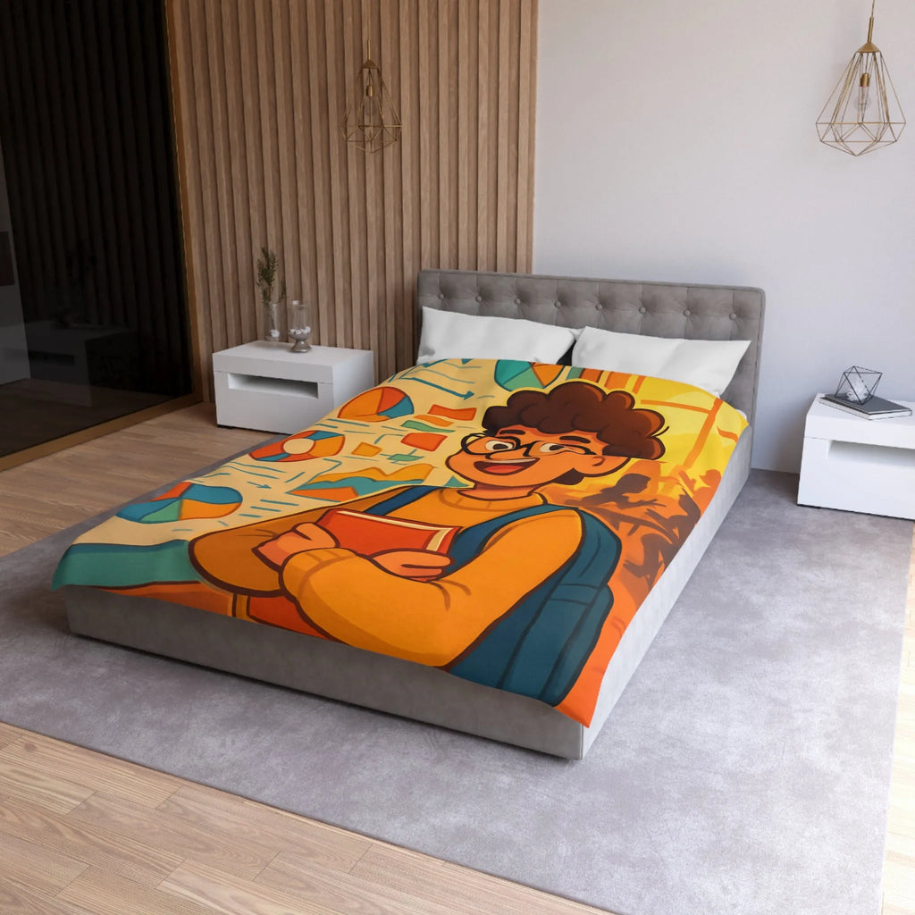 Housse de couette avec motif graphique coloré et personnage étudiant portant lunettes