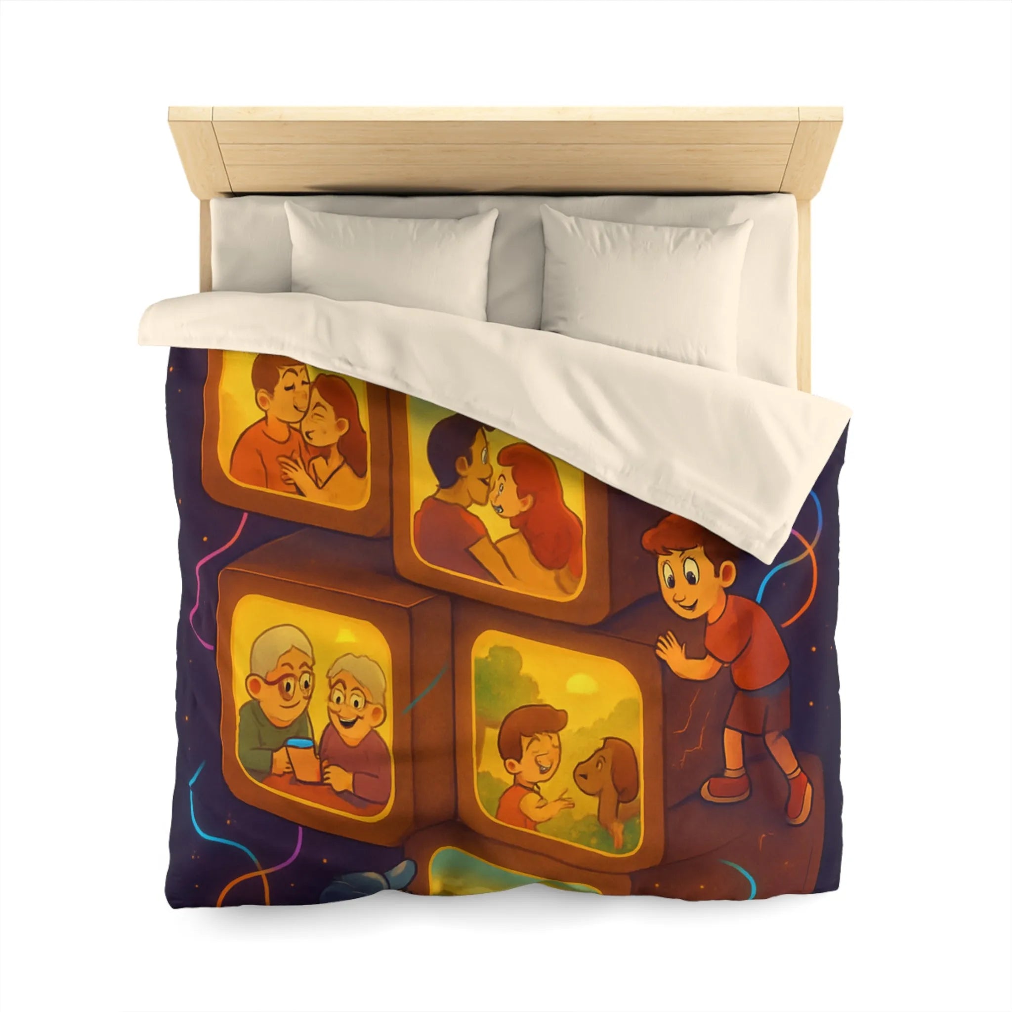 Housse de Couette Illustrée avec Scènes de Famille et Couleurs Chaudes, Ambiance Rétro