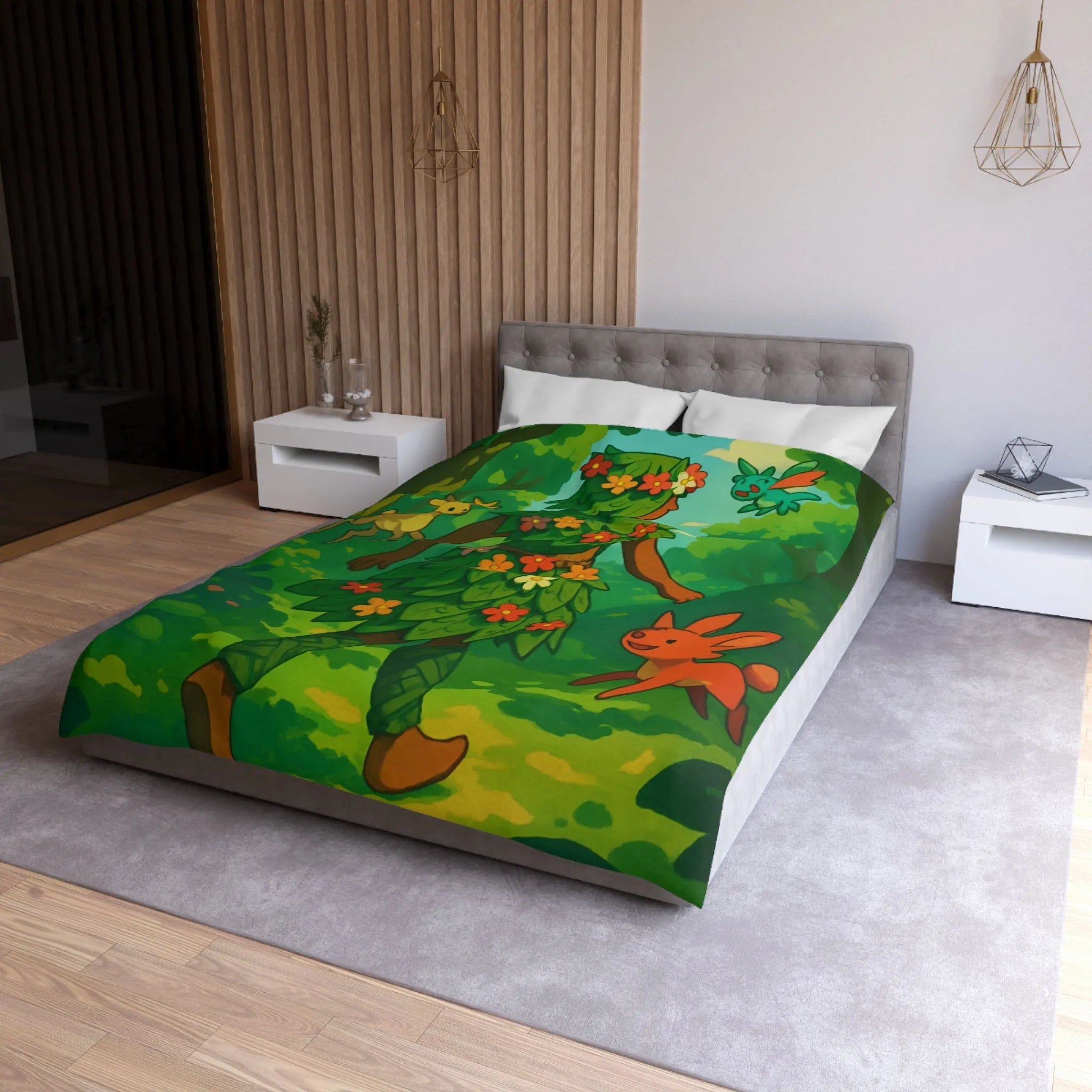 Housse de couette forêt enchantée avec créatures et personnage naturel aux couleurs vibrantes