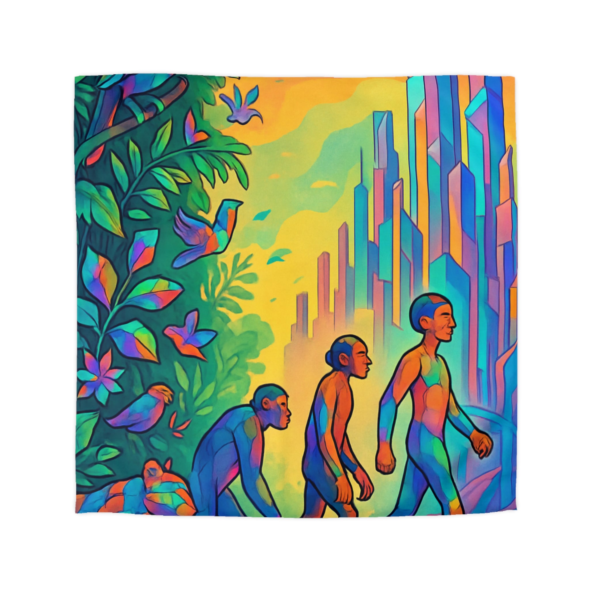 Housse de couette vibrante d'évolution humaine sur fond de jungle et de gratte-ciel