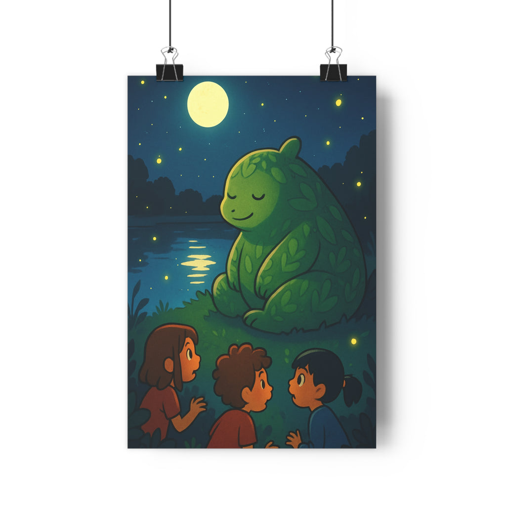 Poster décoratif bleu argenté onirique chambre enfant mystique personnage scène lune étoiles rêve atmosphère