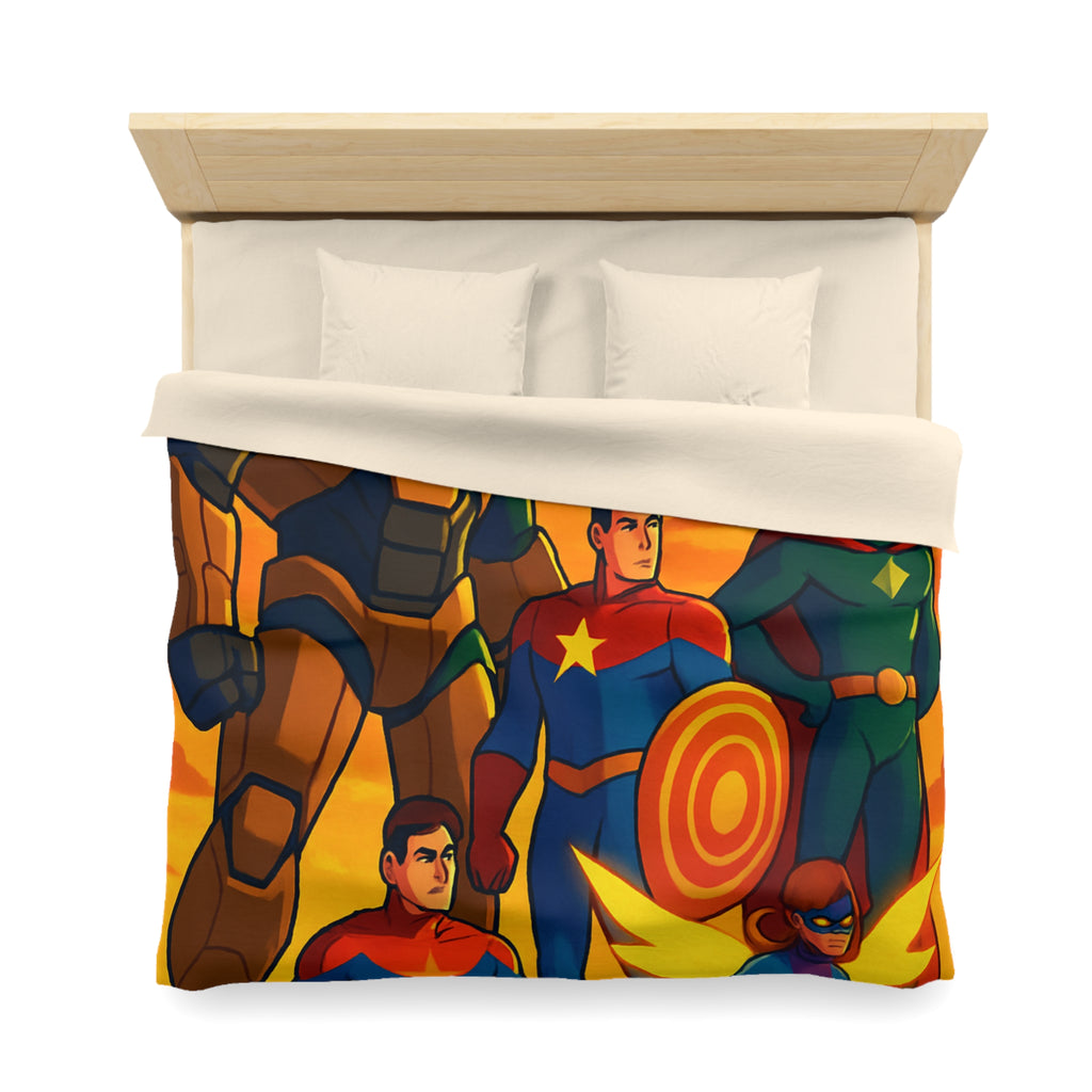 Housse de couette super-héros en costumes colorés avec coucher de soleil épique en arrière-plan