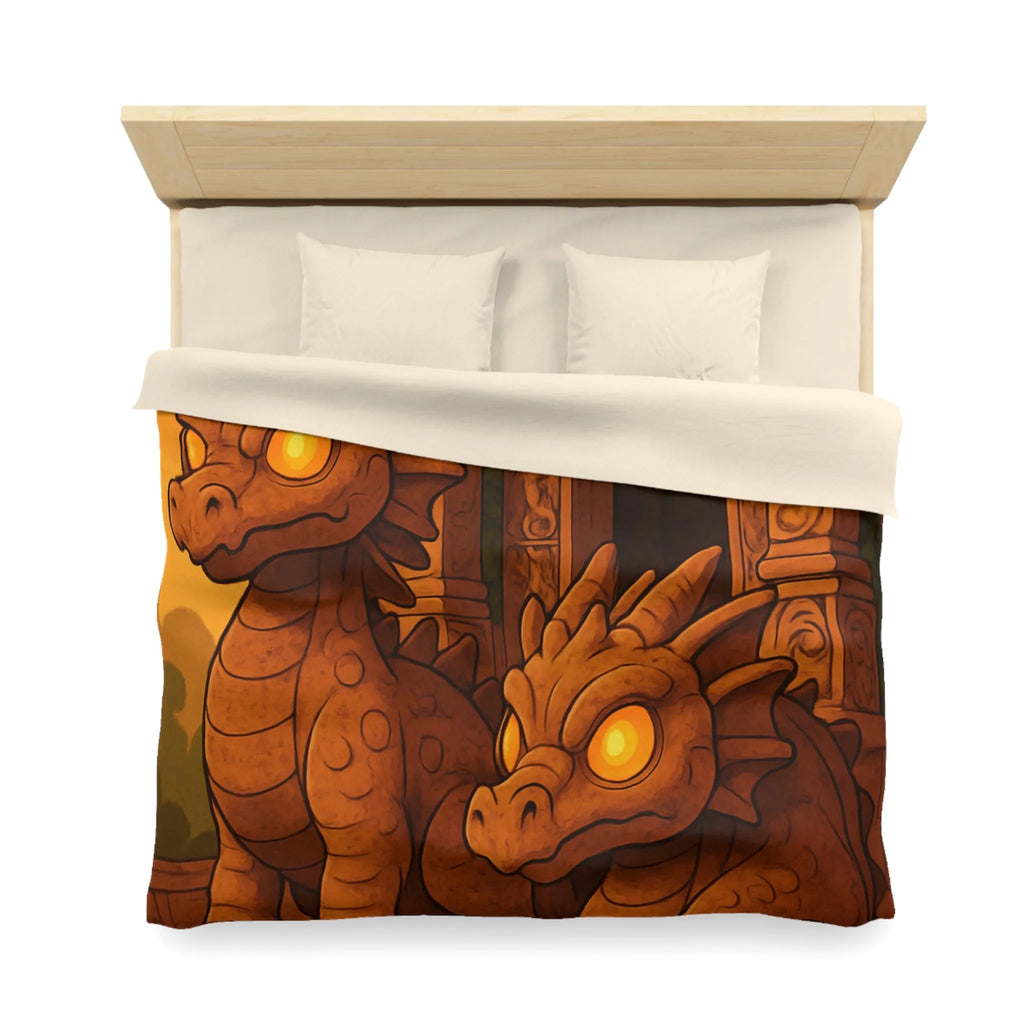 Housse de couette avec dragons en pierre ornant un temple ancien au crépuscule