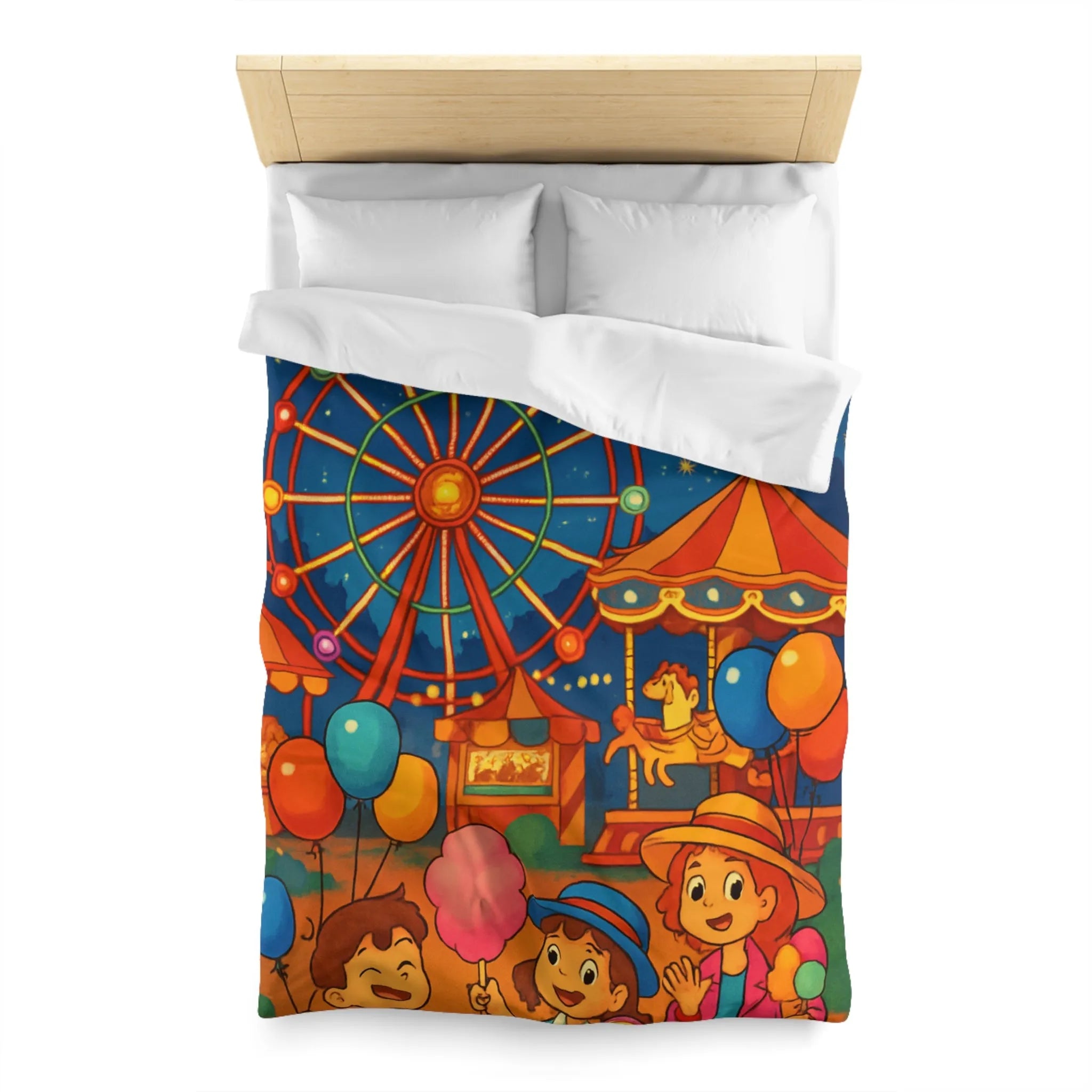 Housse de Couette Enfantine avec Grande Roue, Enfants et Feux d’Artifice Colorés