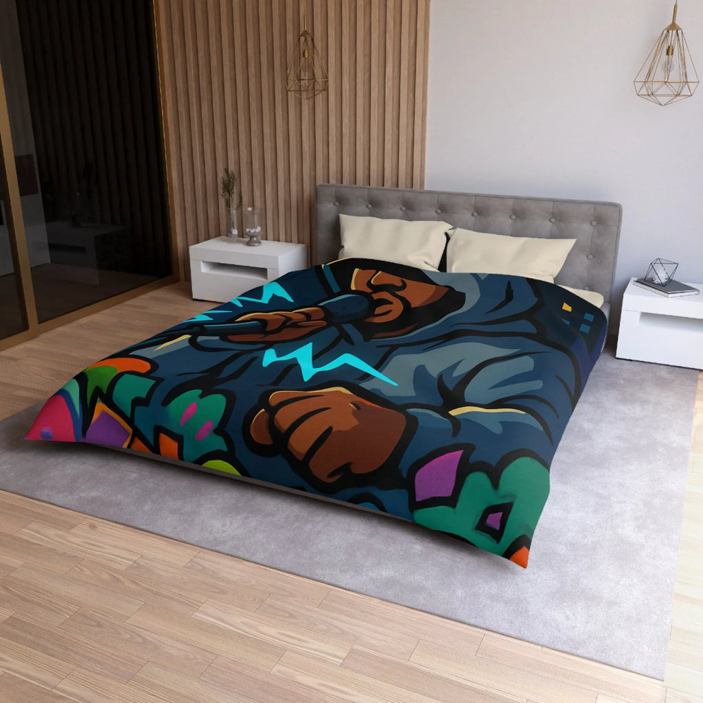 Housse de couette avec artiste hip-hop en hoodie et graffitis colorés de rue