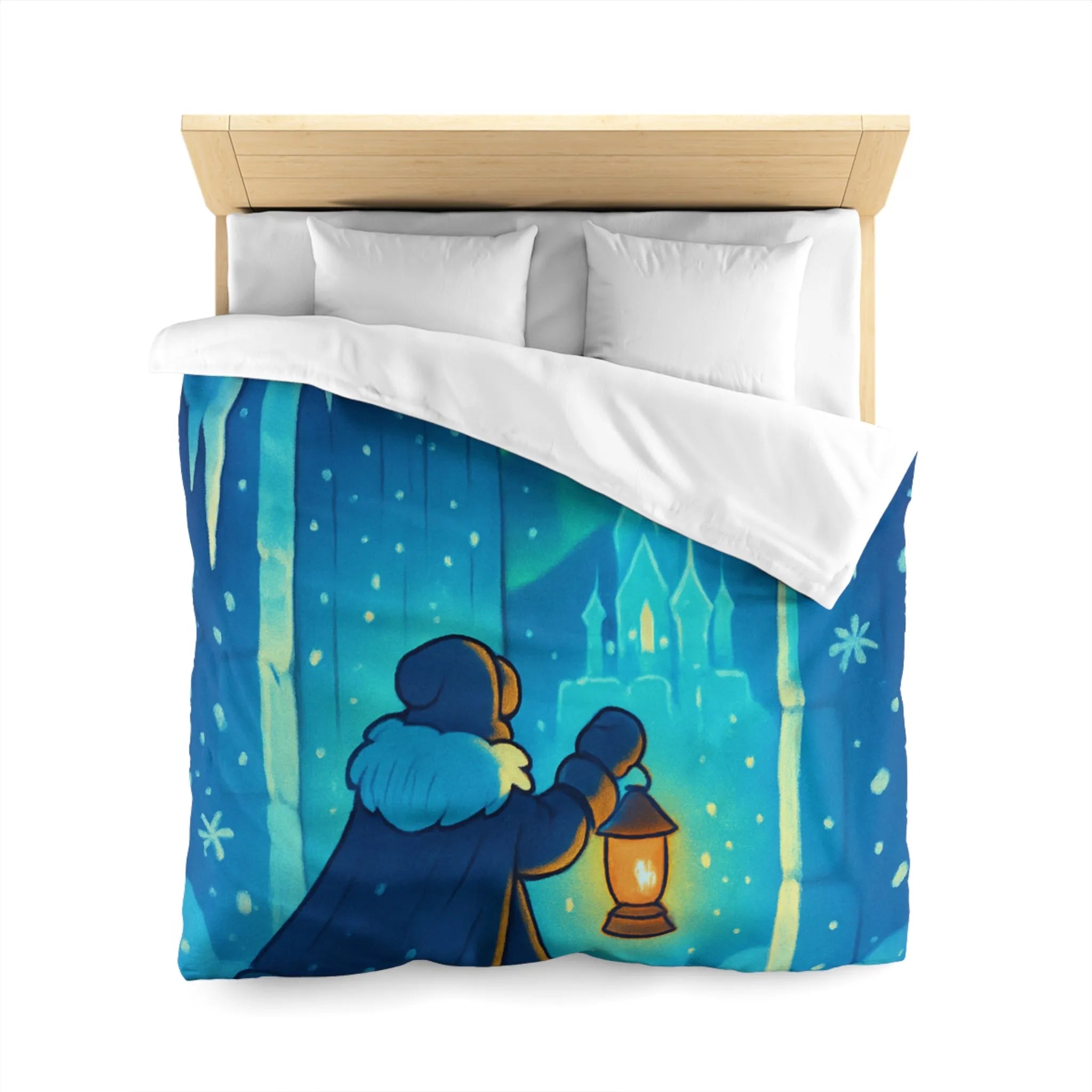 Housse de couette hivernale avec scène lumineuse de paysage enneigé et féérique