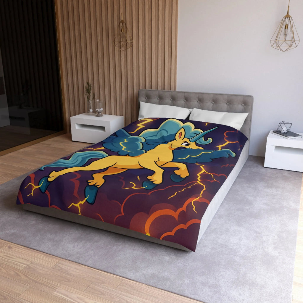 Housse de Couette Fantaisie Licorne Ailée avec Nuages Orageux et Éclairs Majestueux