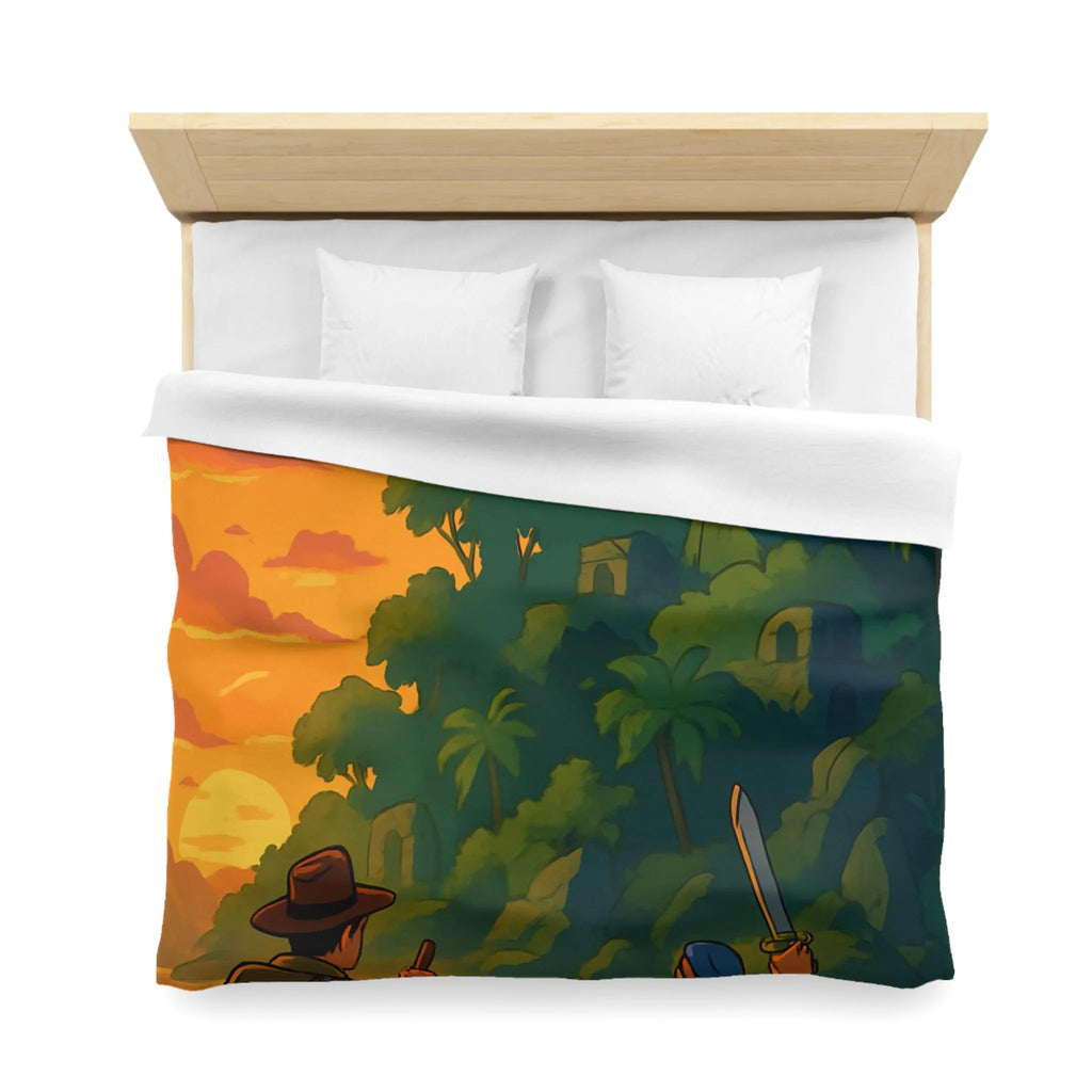 Housse de couette aventureuse avec scène tropicale au coucher du soleil et ruines mystérieuses