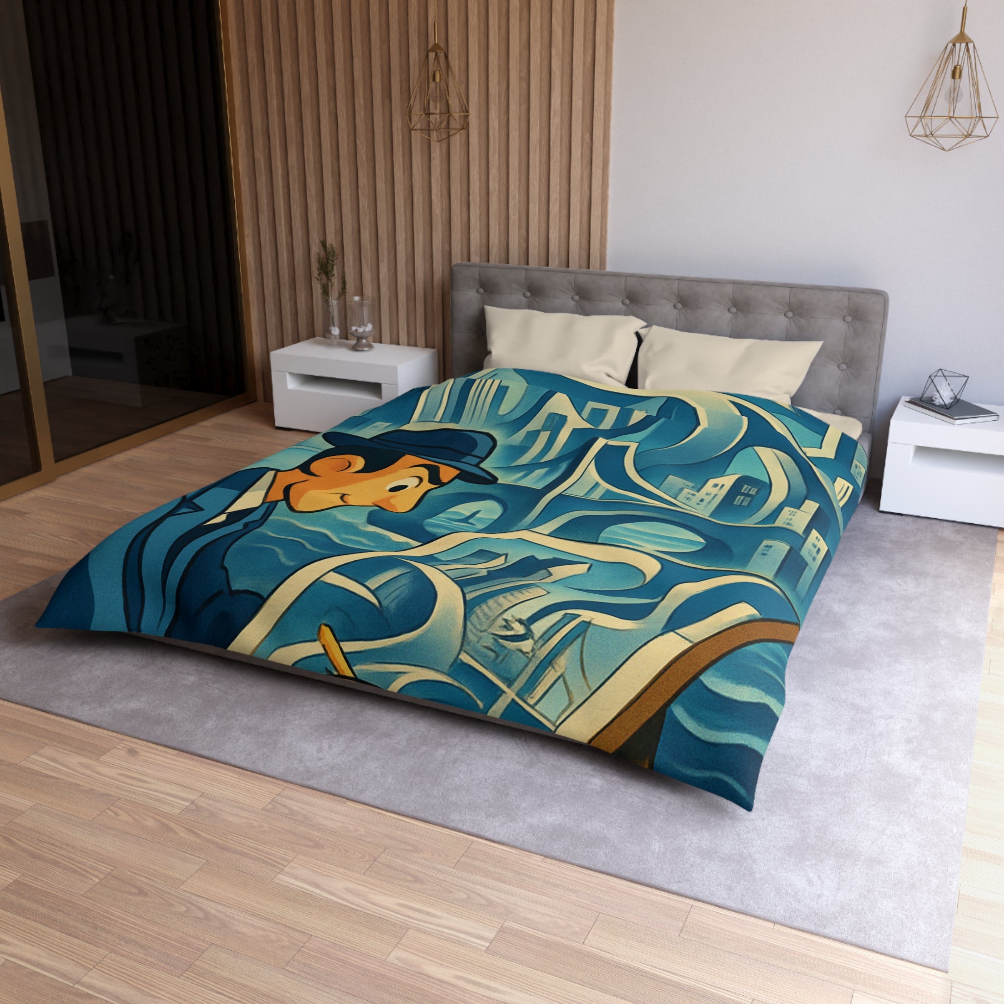 Motifs artistiques urbains bleus et jaunes pour une housse de couette moderne et stylée