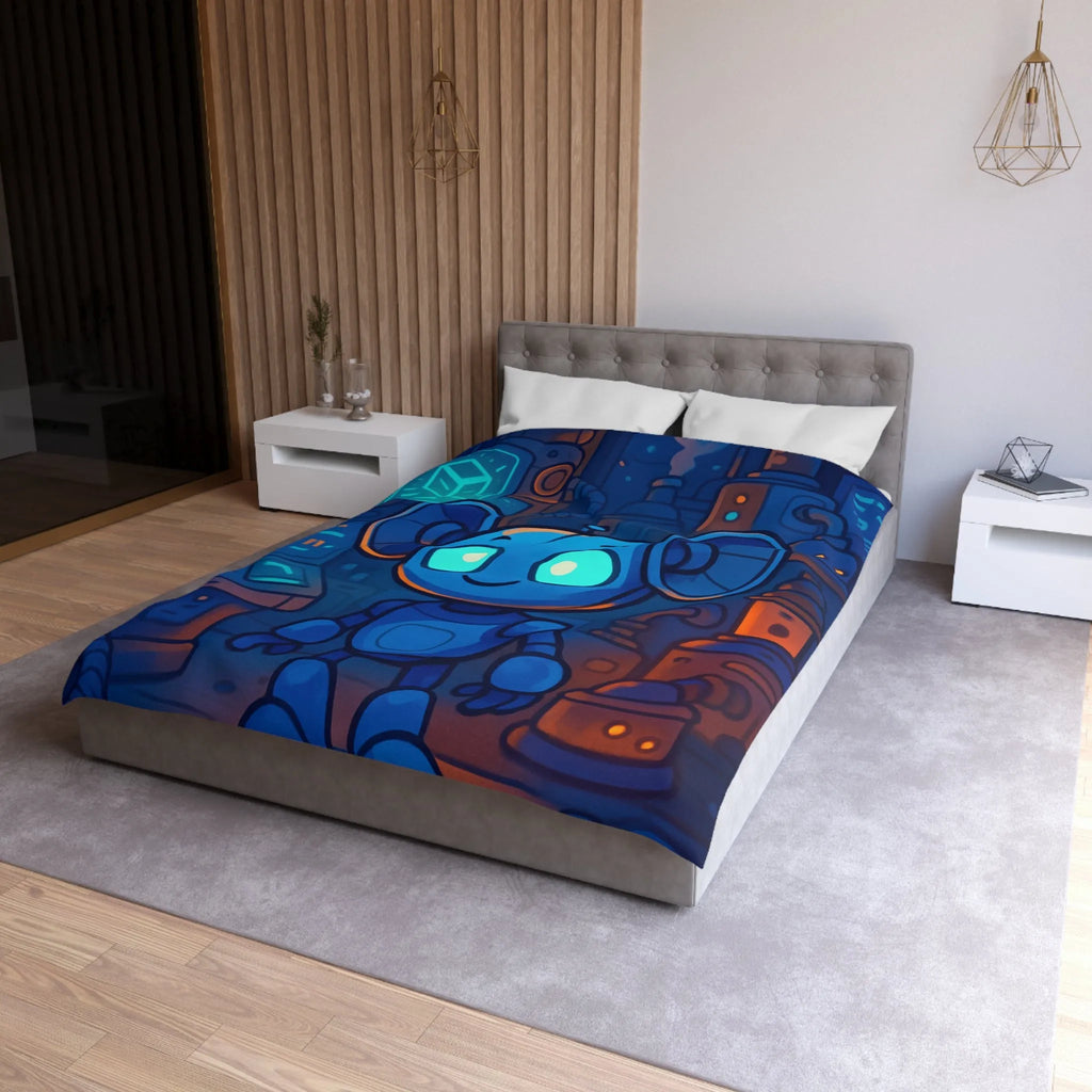 Housse de couette enfant motif robot mignon bleu dans laboratoire futuriste nuit