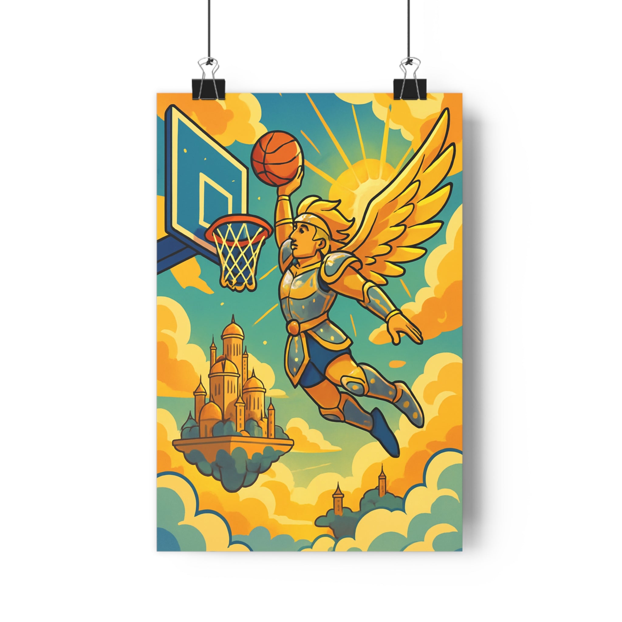 Poster décoratif cartoon épique or bleu orange céleste basket chambre salon dynamique mythologique nuages