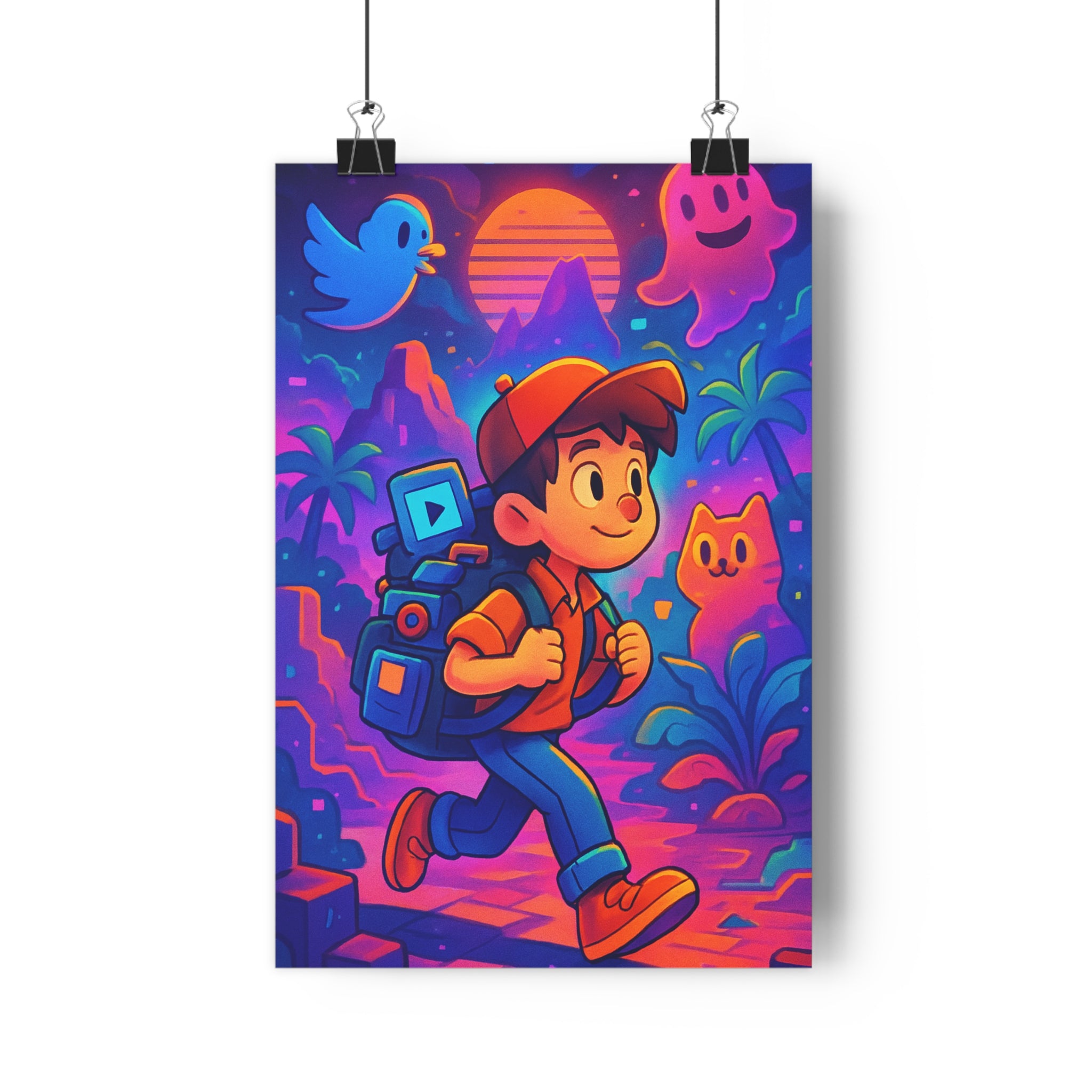 Poster décoratif animé bleu rose orange aventure numérique chambre enfant créatif moderne dynamique 30x46