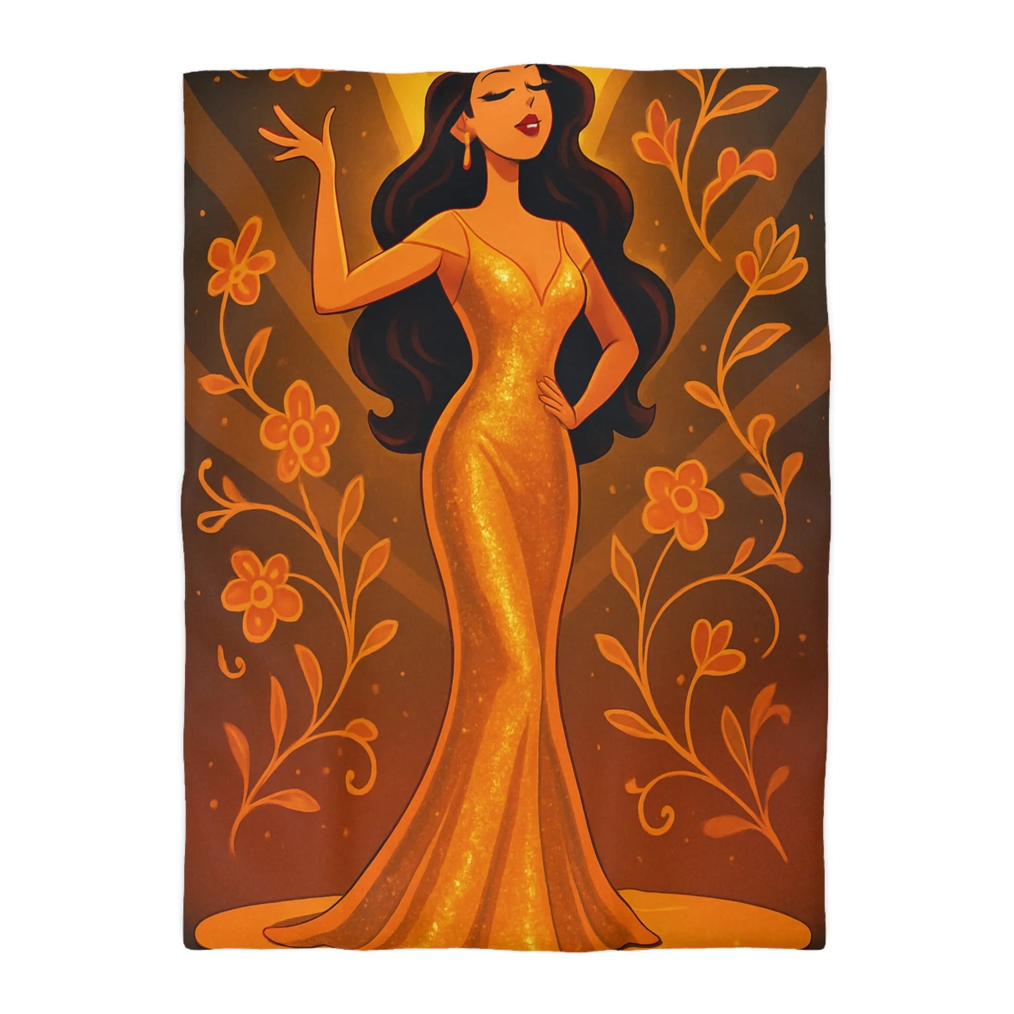 Élégante illustration de femme en robe dorée longue avec fleurs et effets lumineux