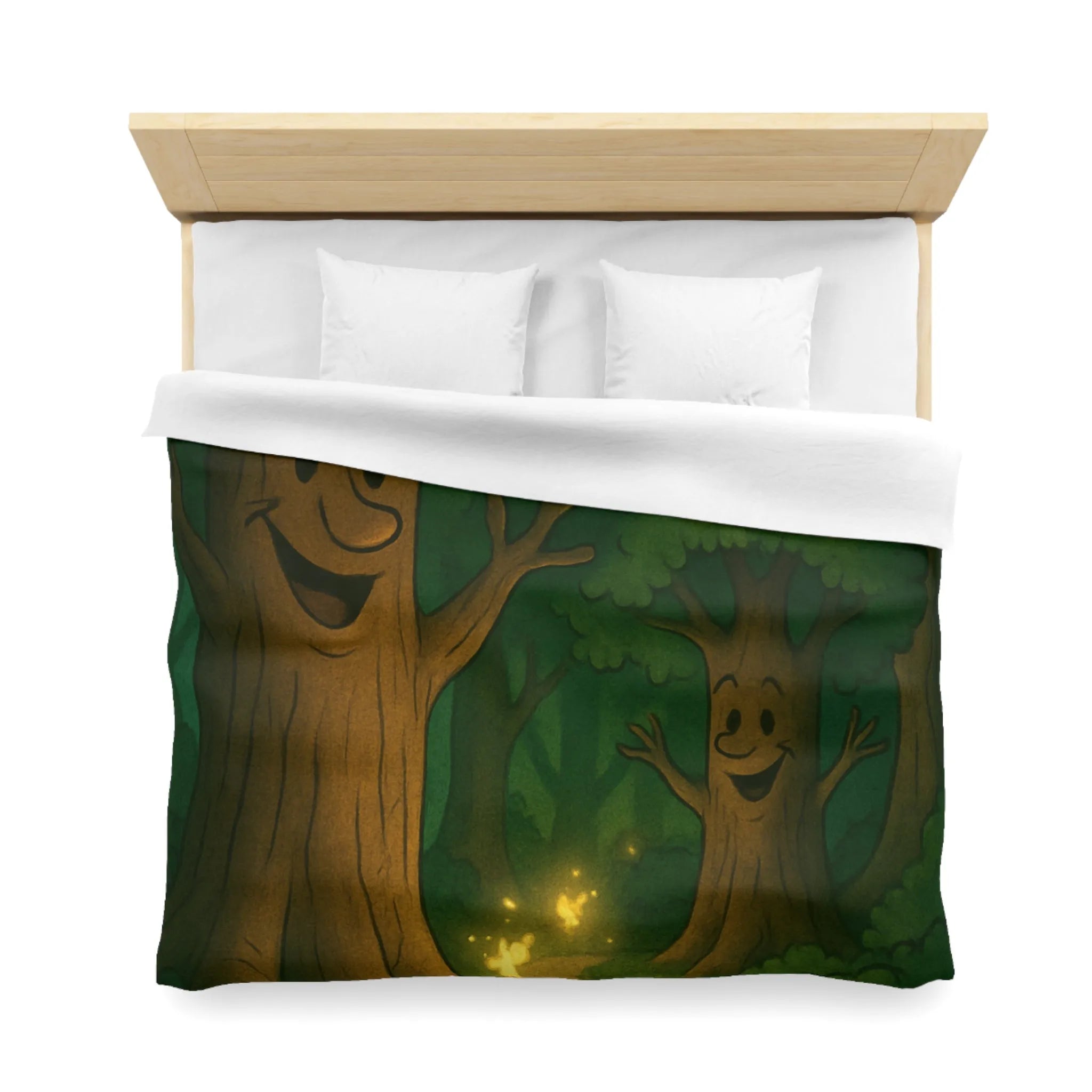 Enchanting Cartoon Forest Scene with Smiling Trees and Glowing Fireflies at Night
