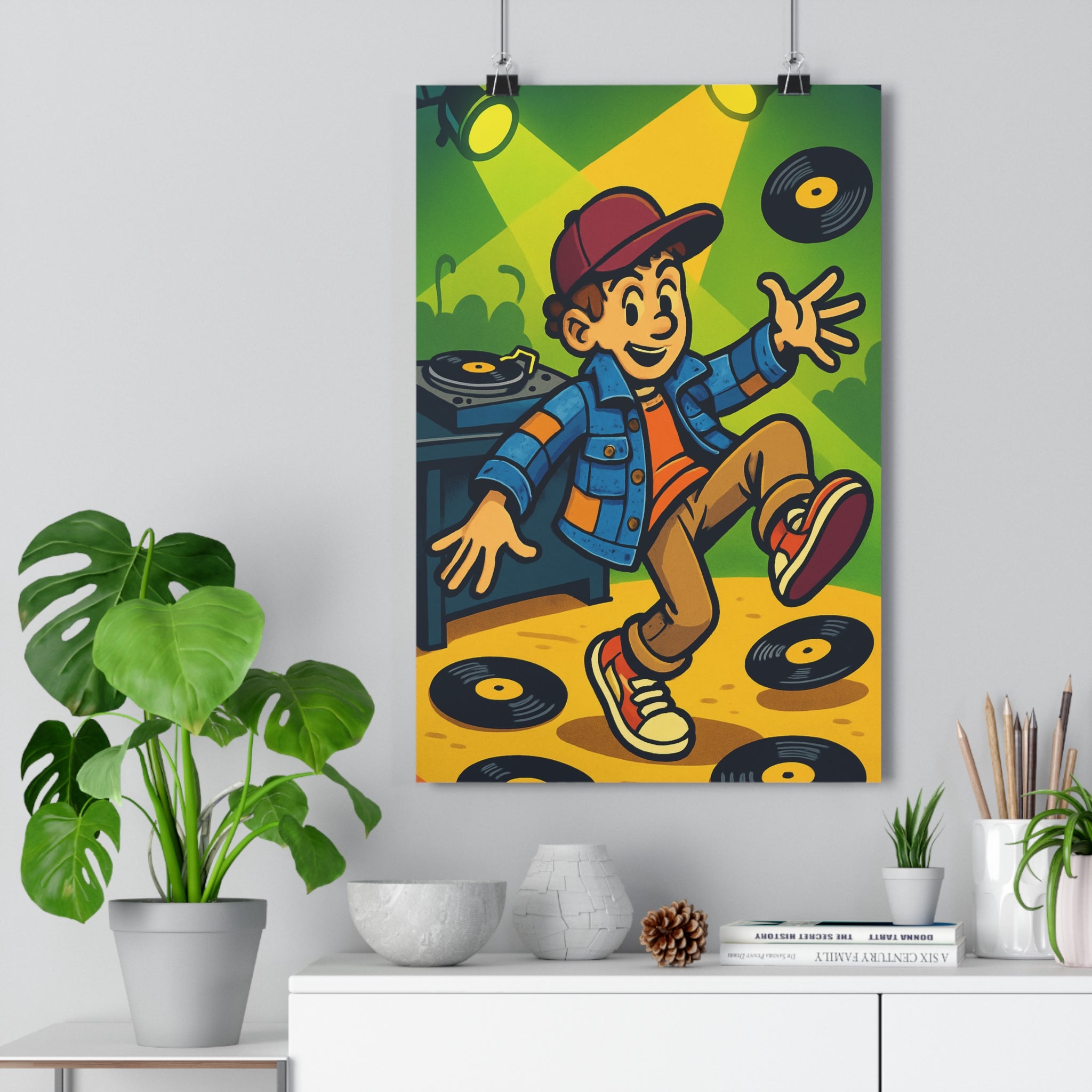 Poster décoratif rétro animé danse vinyle scène rouge bleu jaune vert dynamique nostalgique hiphop