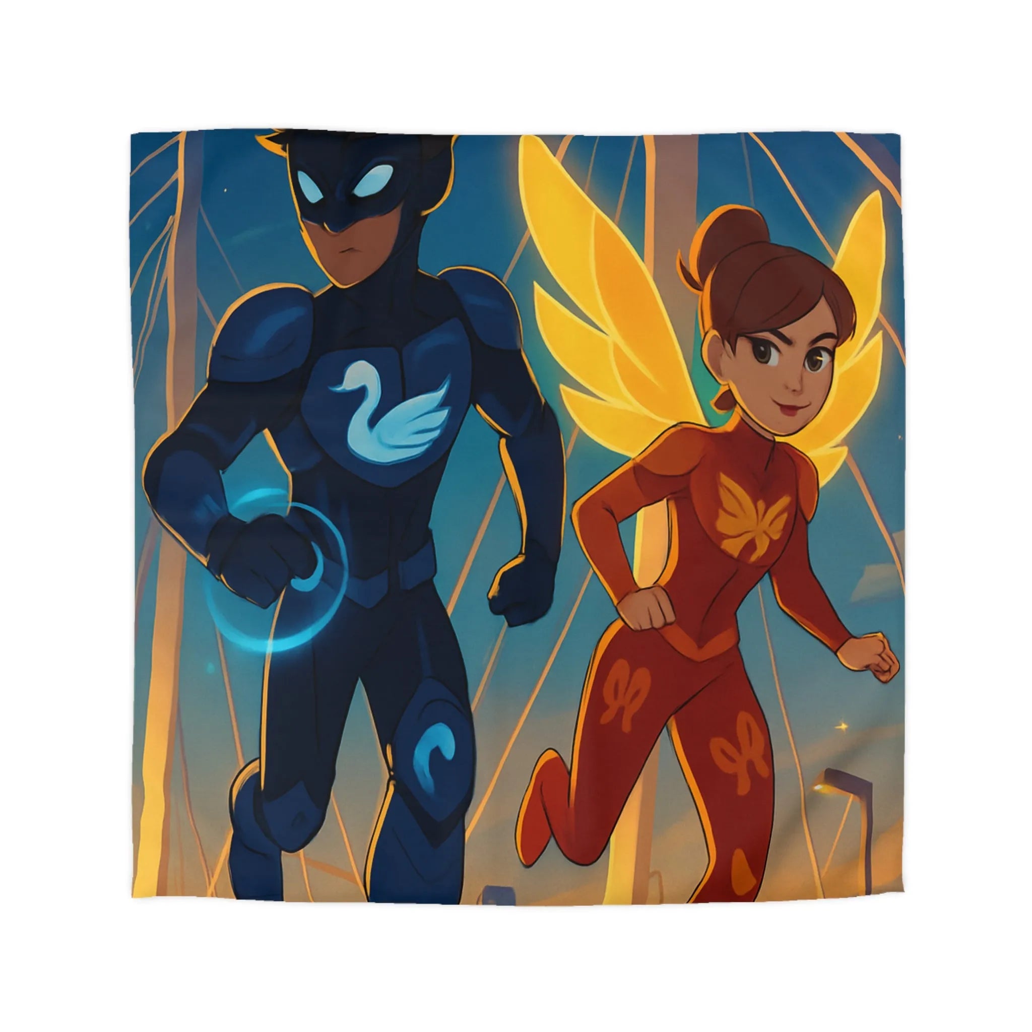 Housse de Couette Avec Héros Masqués et Ville au Crépuscule pour Chambre Enfant