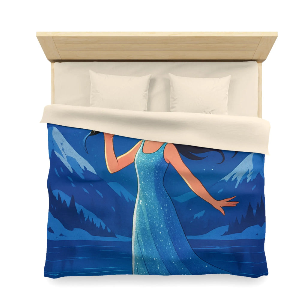 Housse de couette illustrée d'une chanteuse étoilée, robe bleu magique, montagnes enneigées