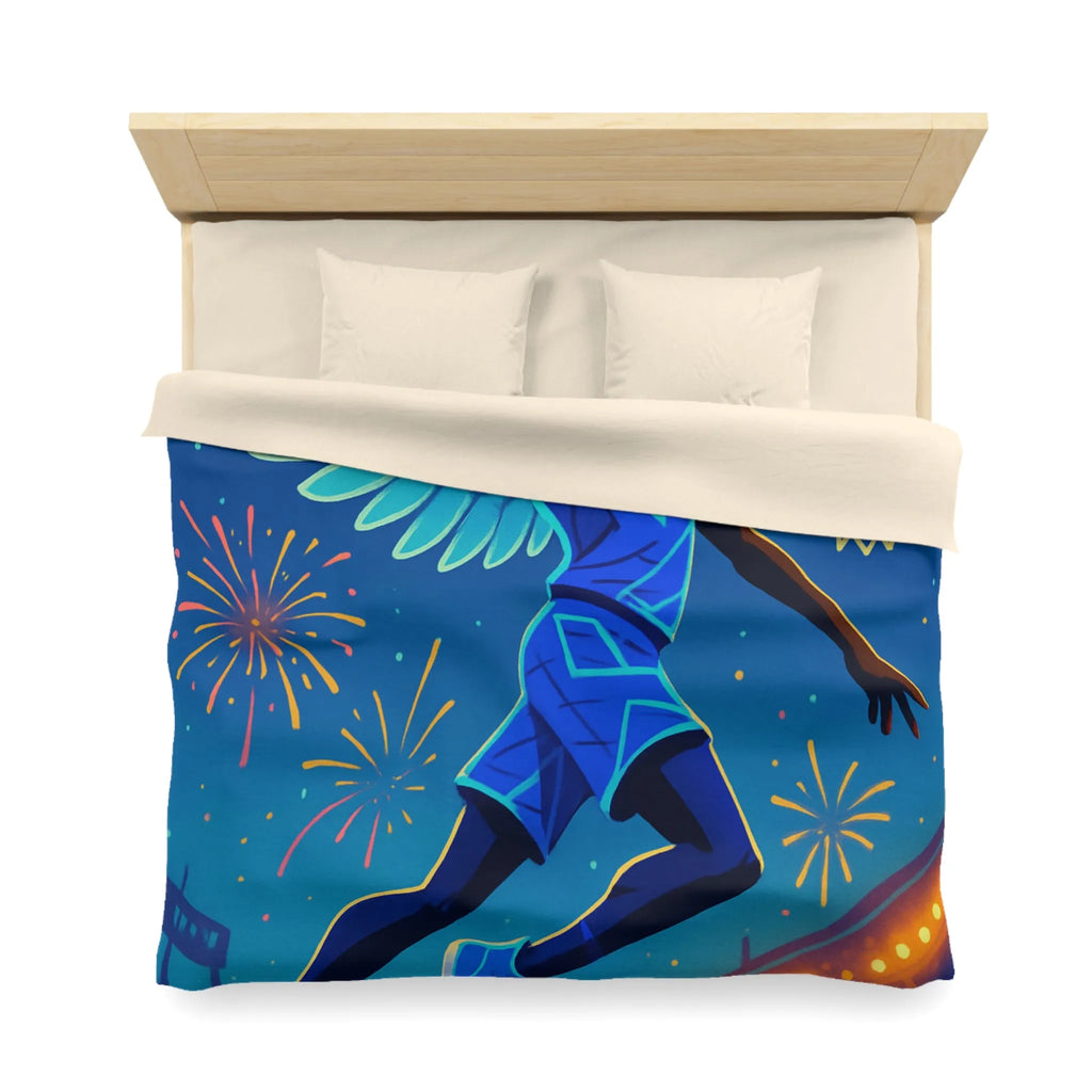 Housse de couette avec joueur de basket volant sous un ciel étoilé lumineux