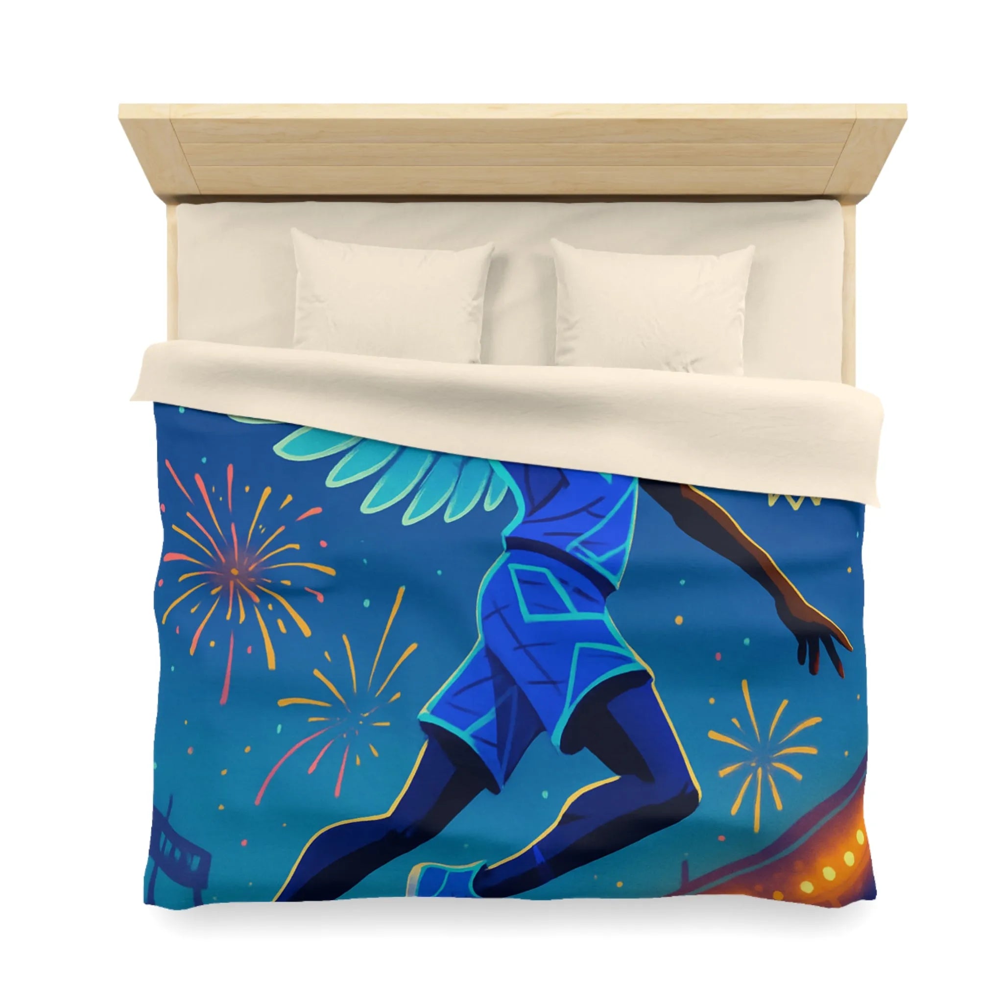 Housse de couette avec joueur de basket volant sous un ciel étoilé lumineux